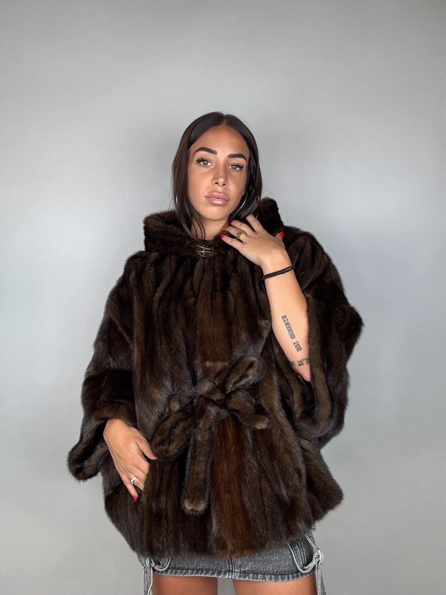 Mink jacket with belt and hood