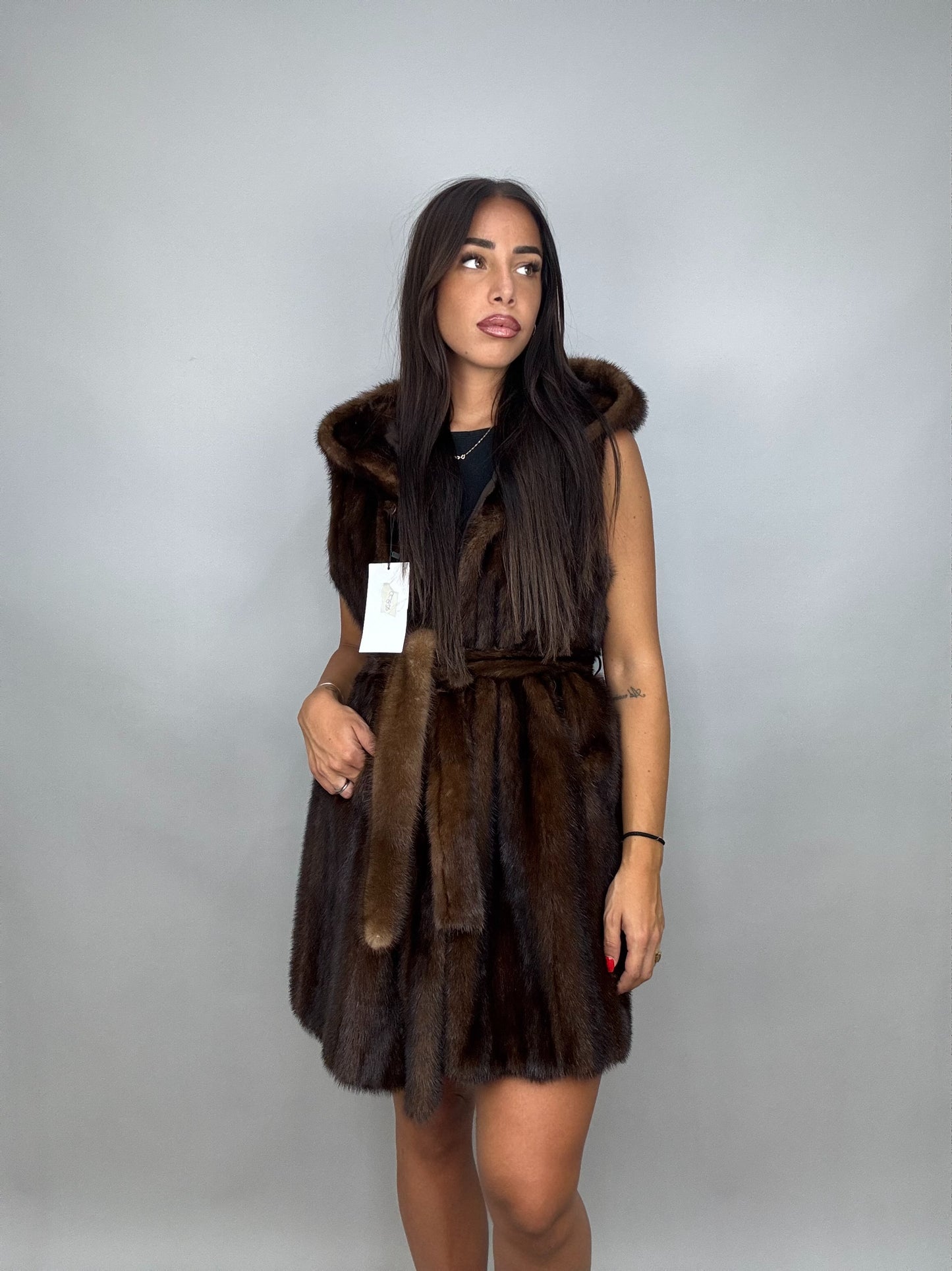 Mink vest with belt and hood