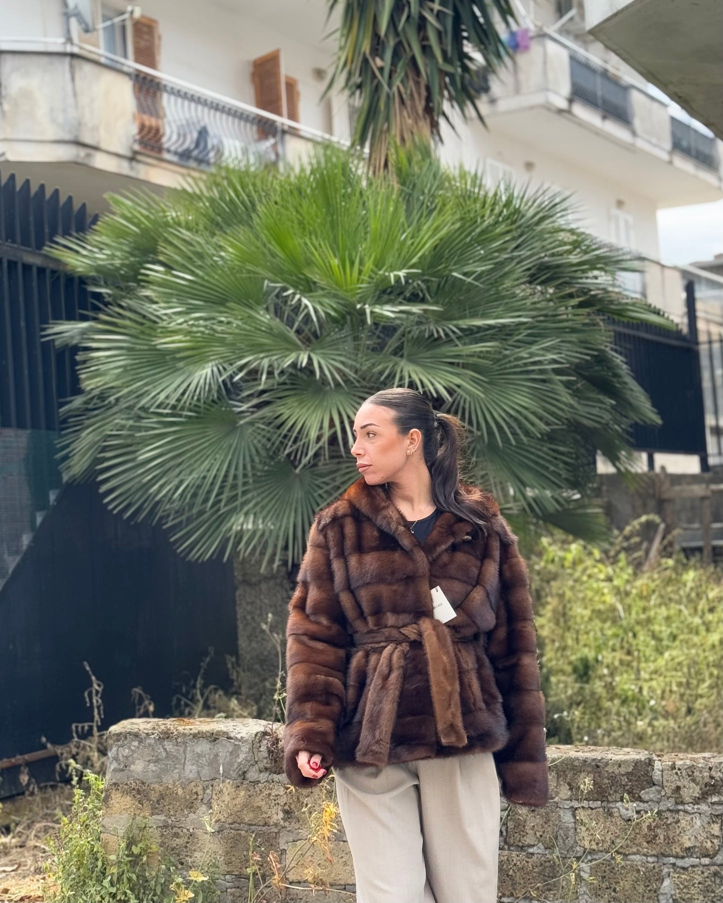 Mink jacket with belt and hood