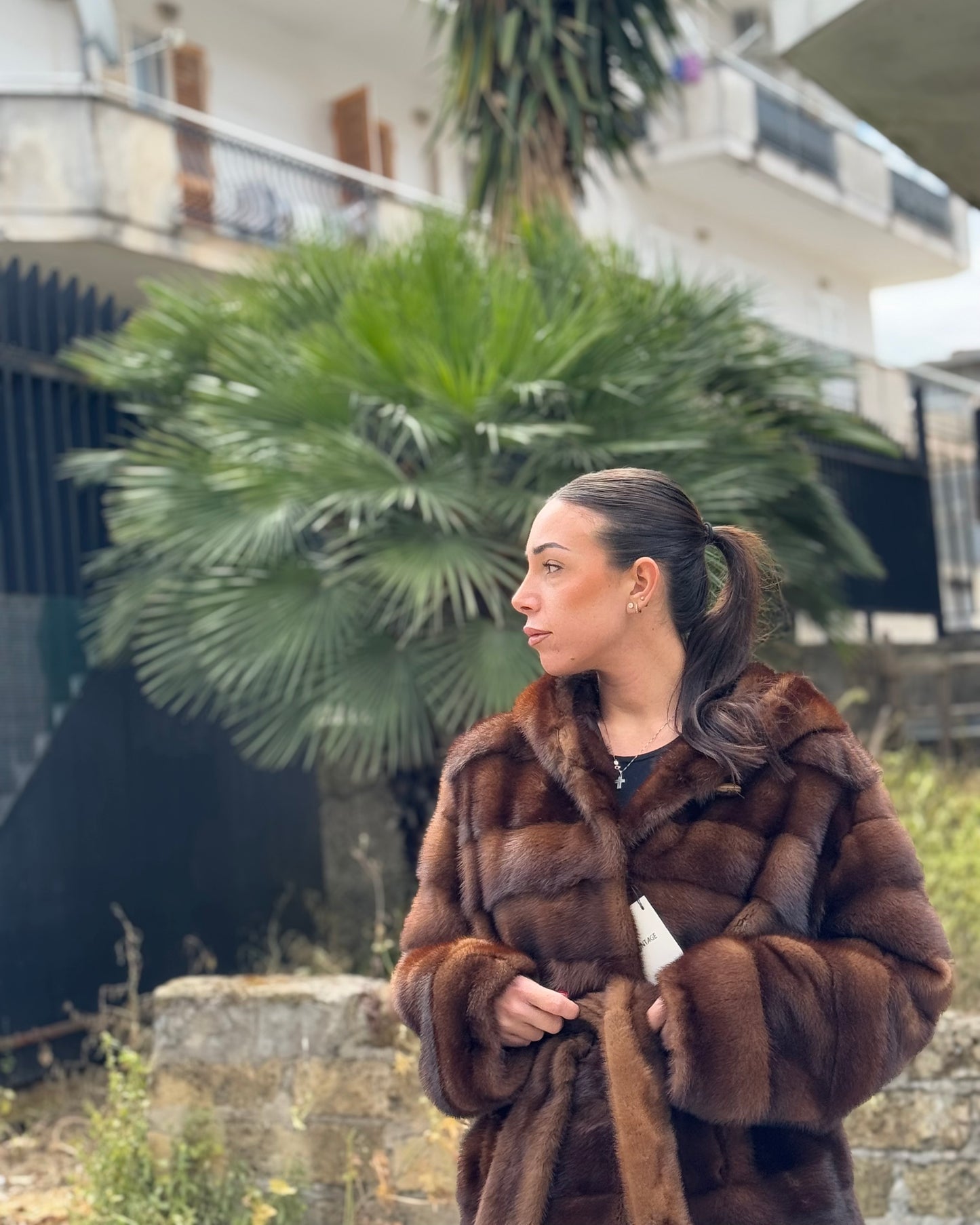 Mink jacket with belt and hood