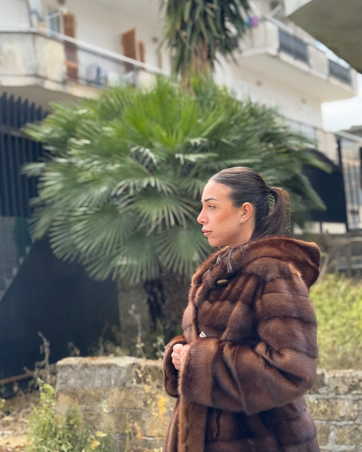 Mink jacket with belt and hood