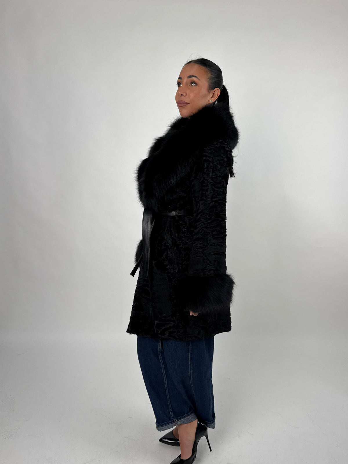 Cappotto in astrakan swakara e volpe N79