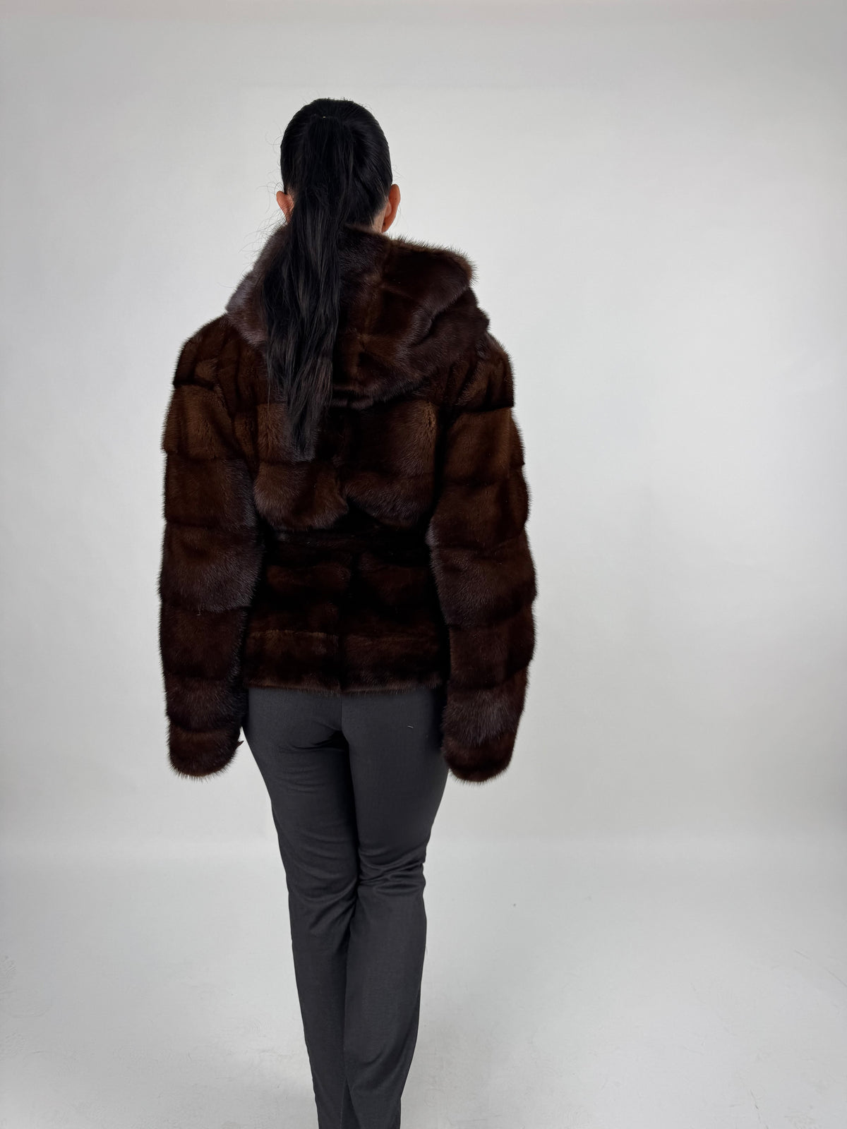 Mink jacket with belt and hood