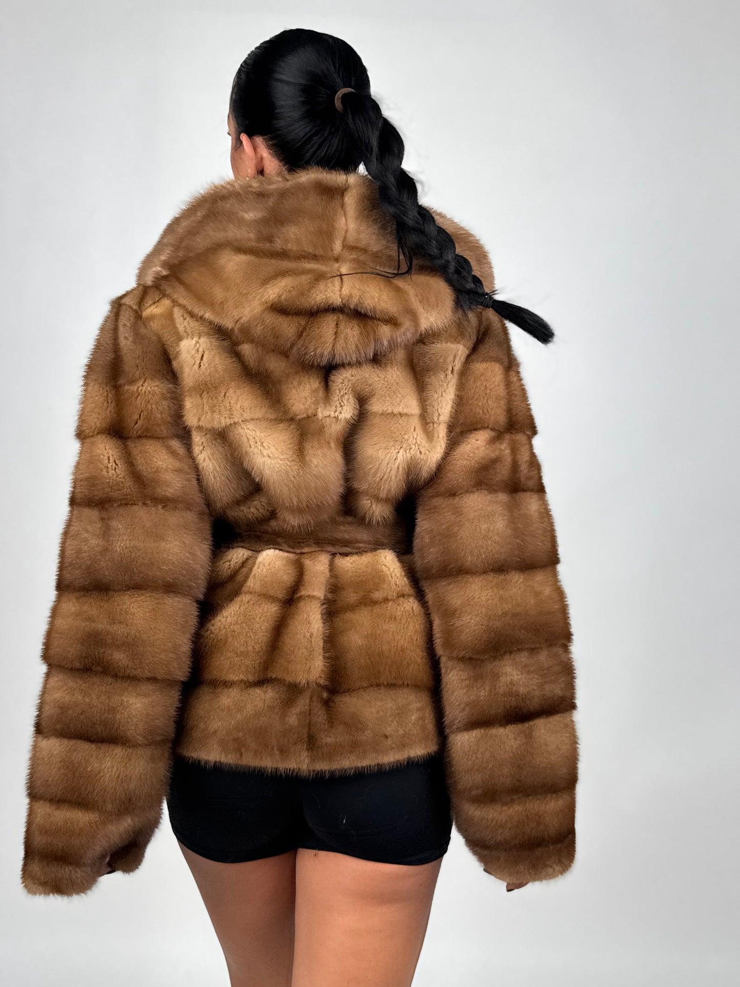 Mink jacket with belt and hood