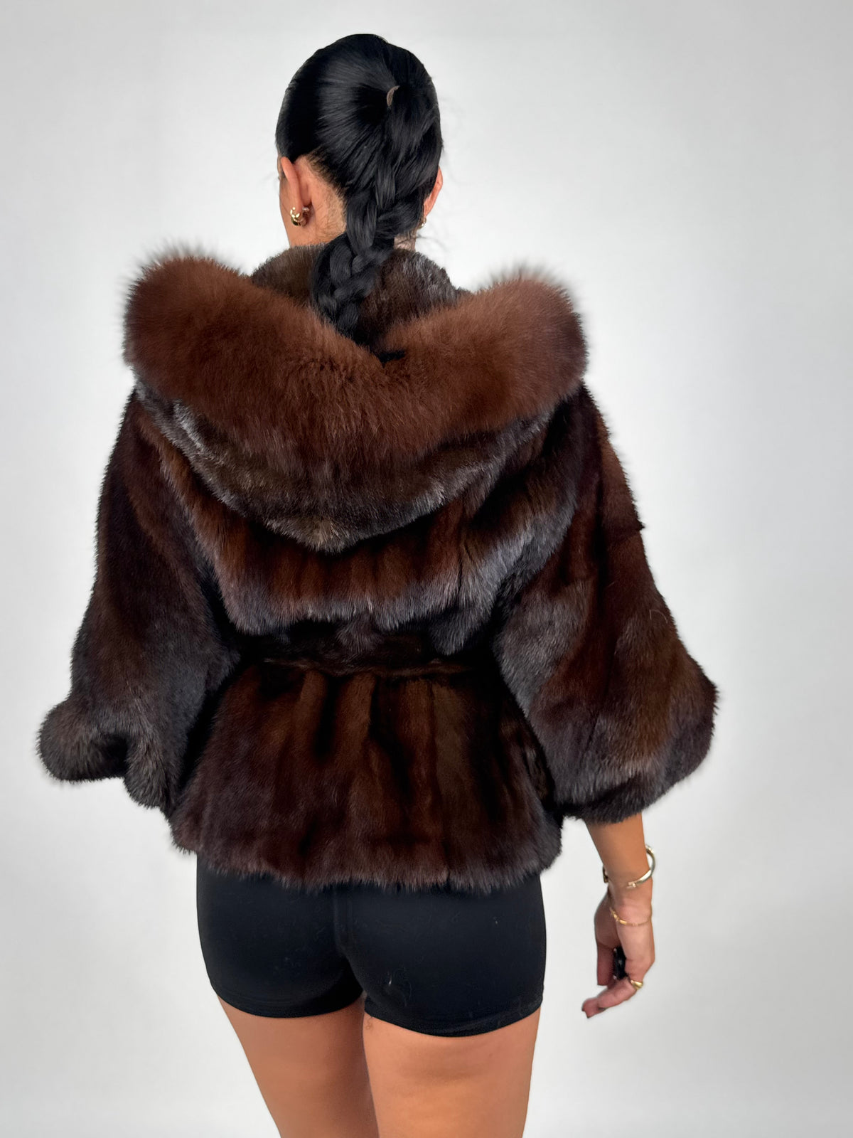 Mink jacket with belt and hood