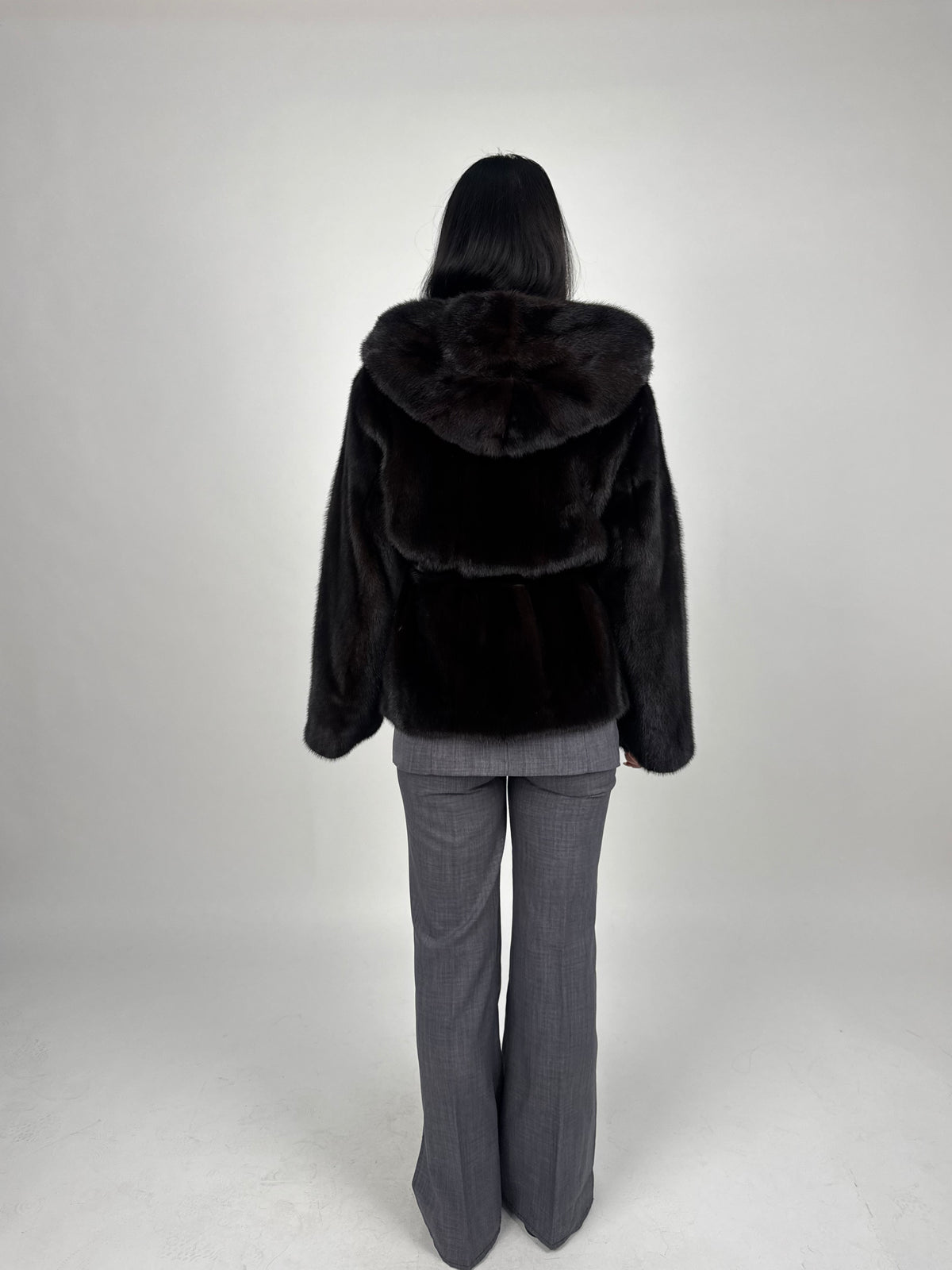 Mink jacket with belt and hood