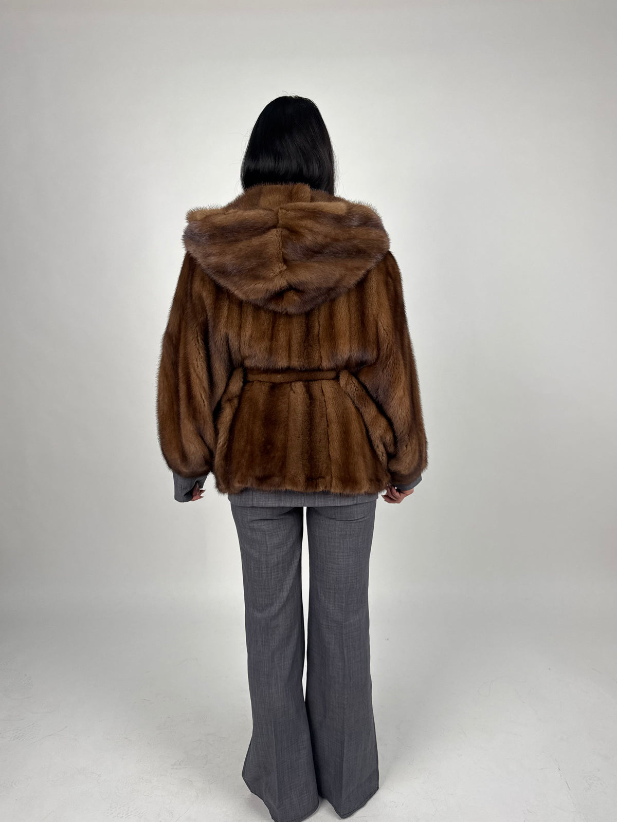 Mink jacket with belt and hood