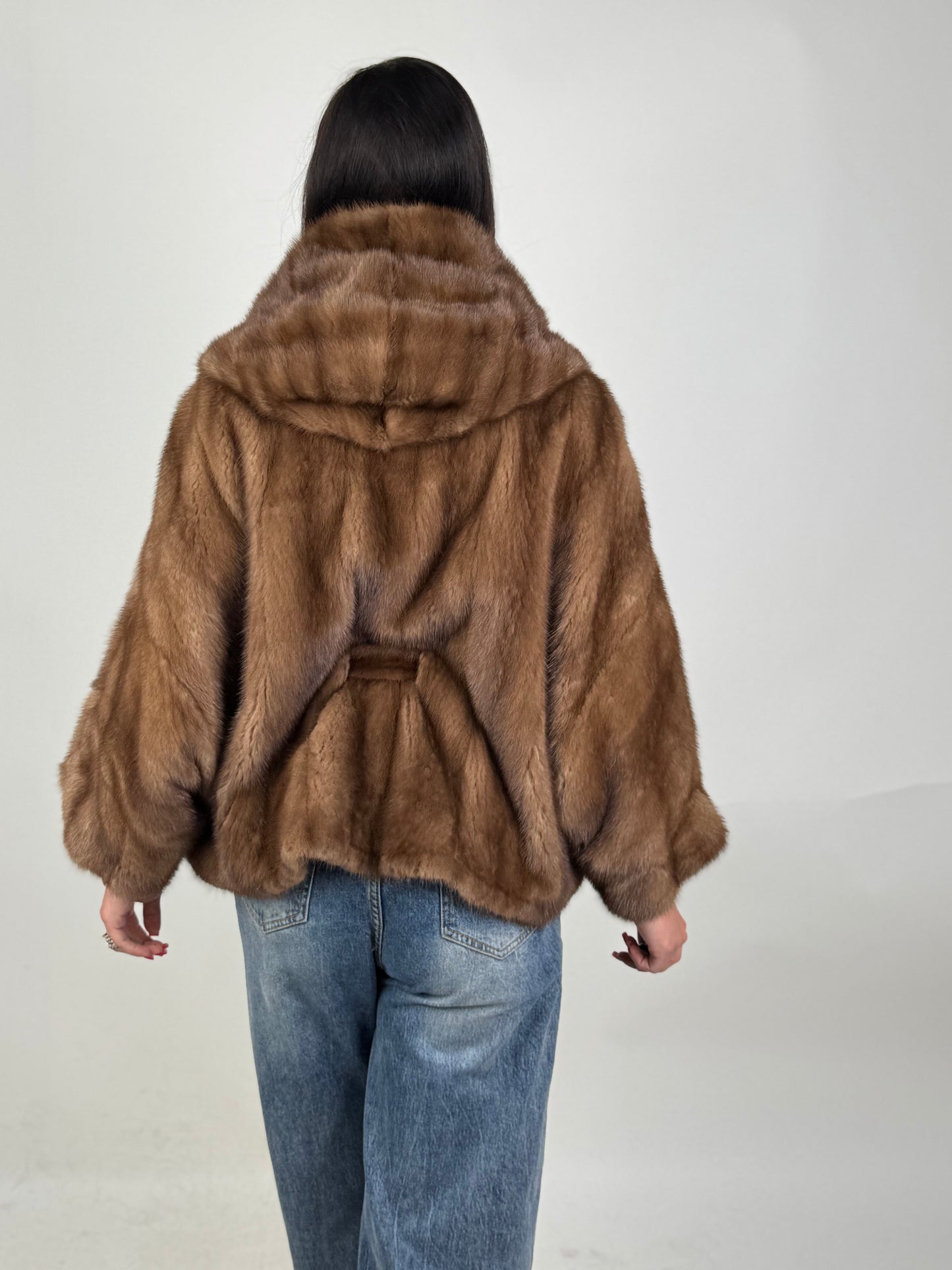 Mink jacket with belt and hood