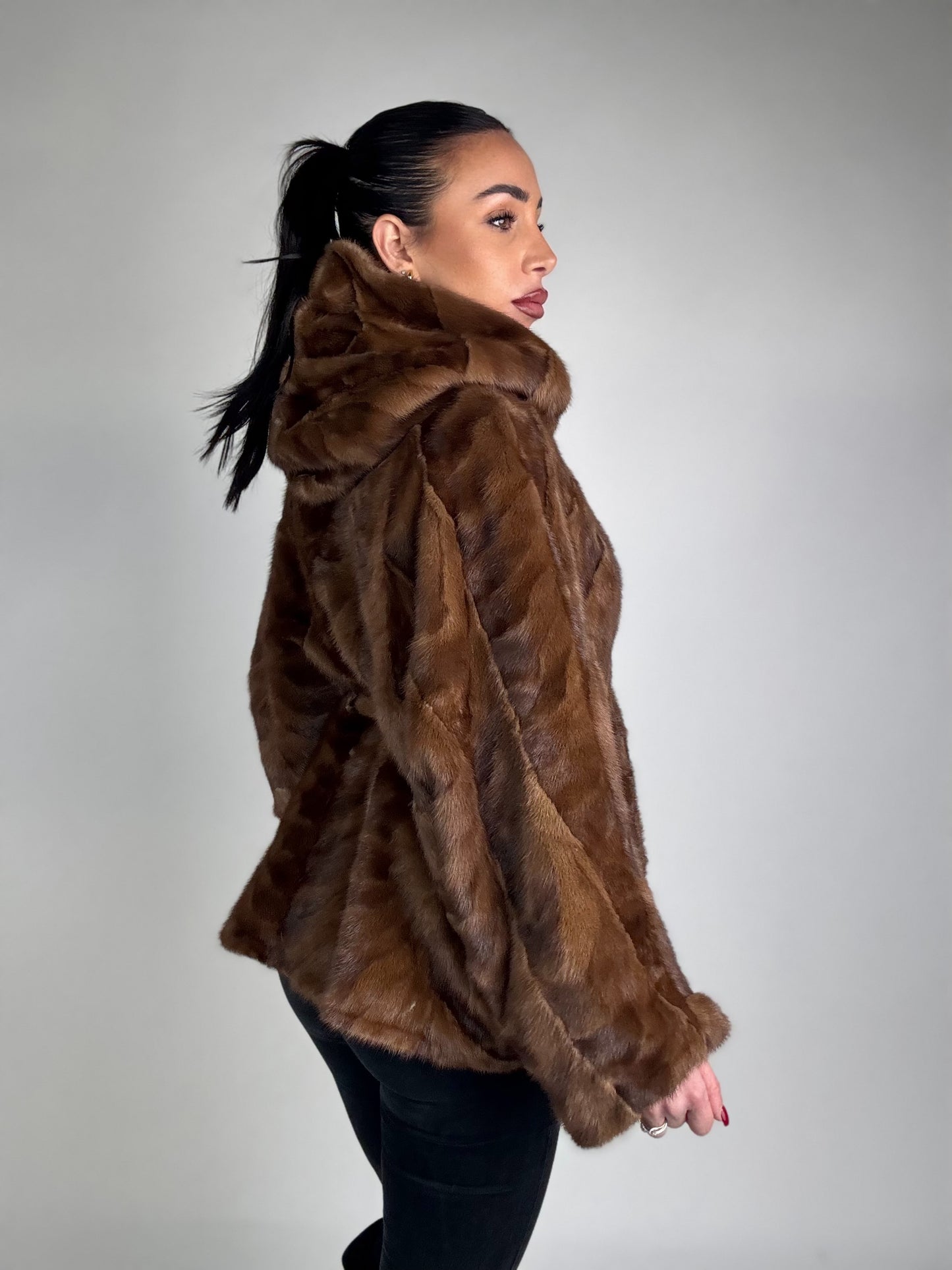 Mink jacket with belt and hood