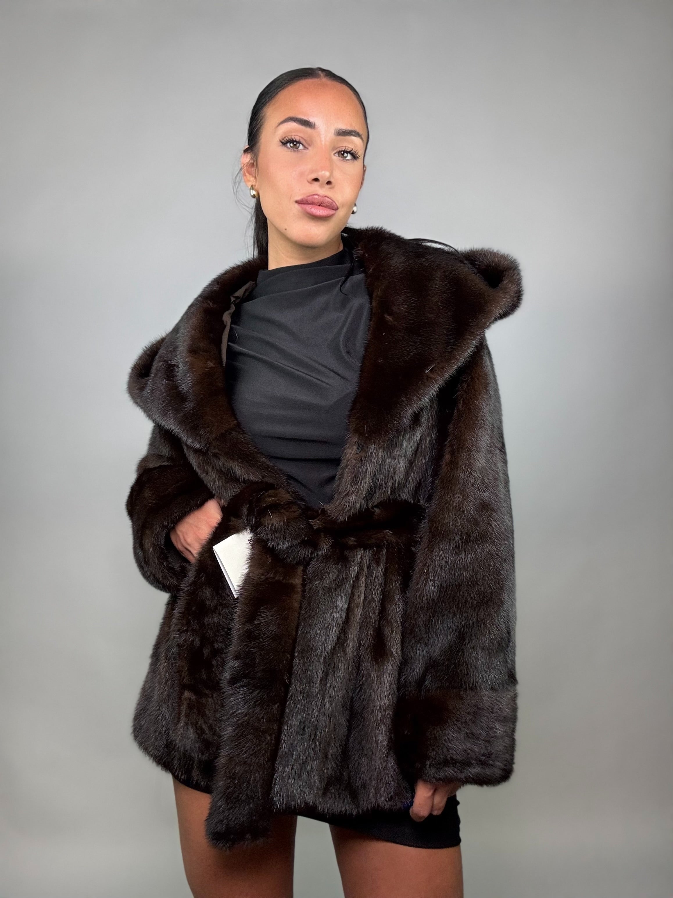 Mink vest with belt and hood