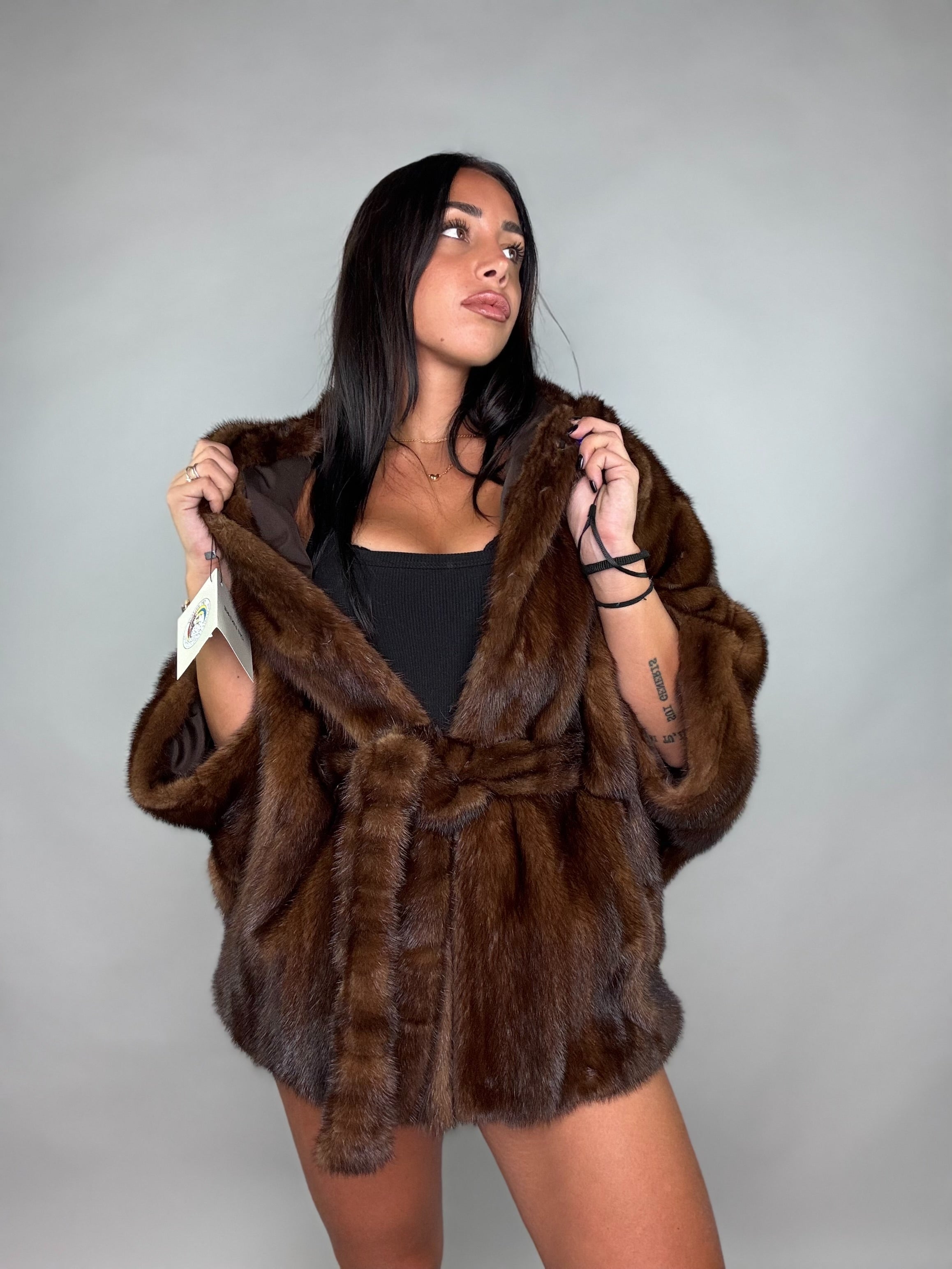 Mink vest with belt and hood
