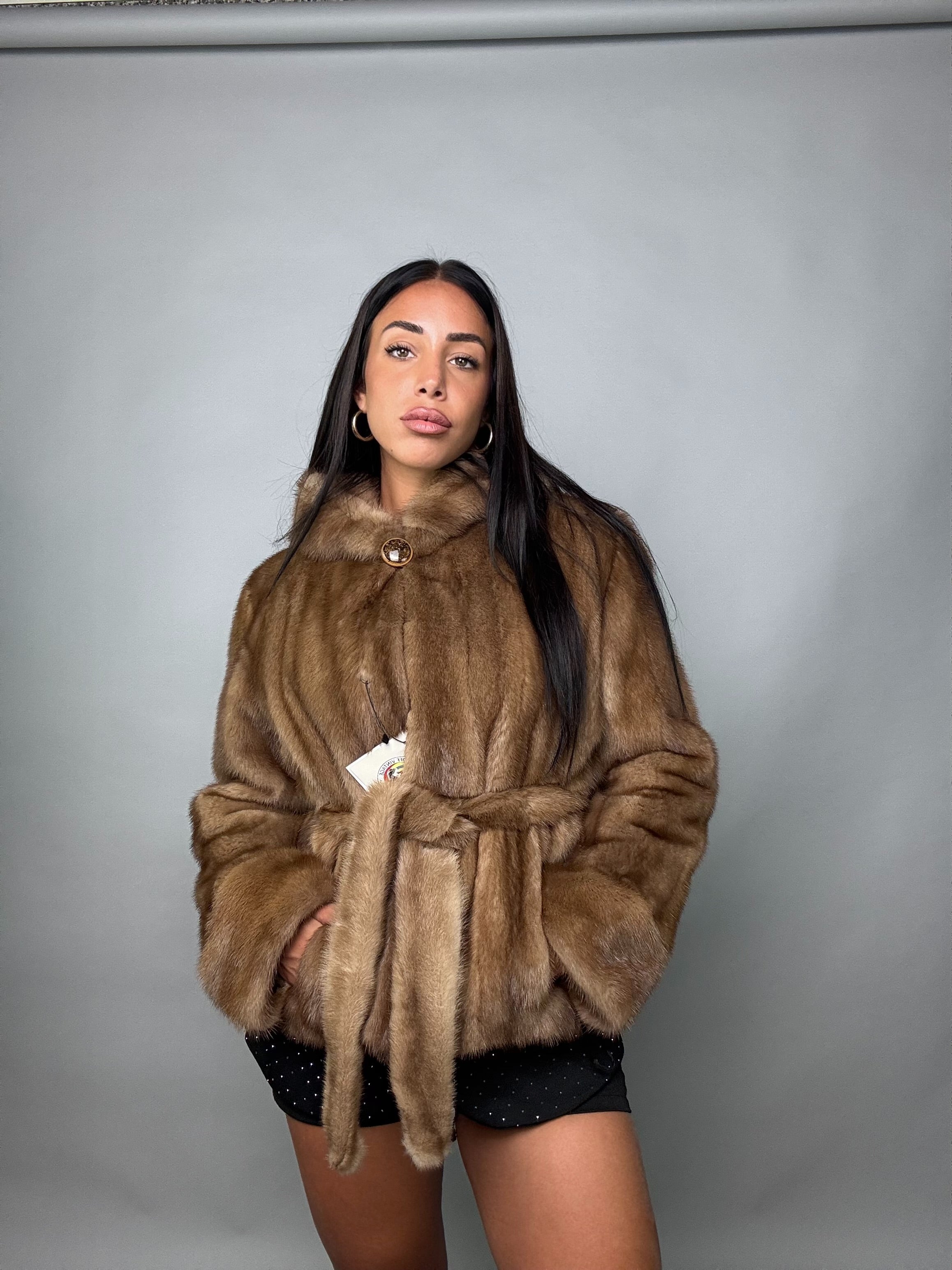 Mink vest with belt and hood