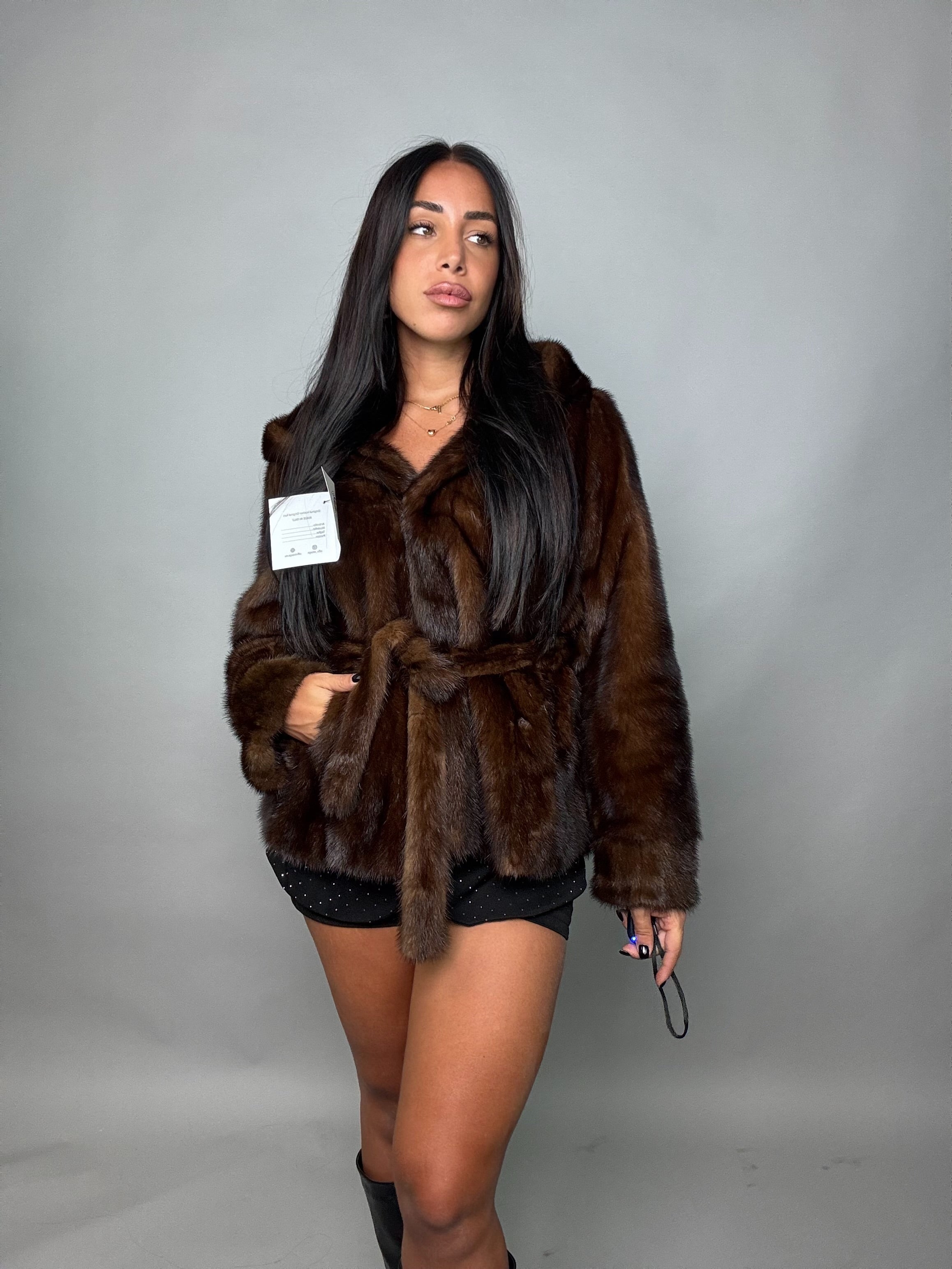 Mink vest with belt and hood