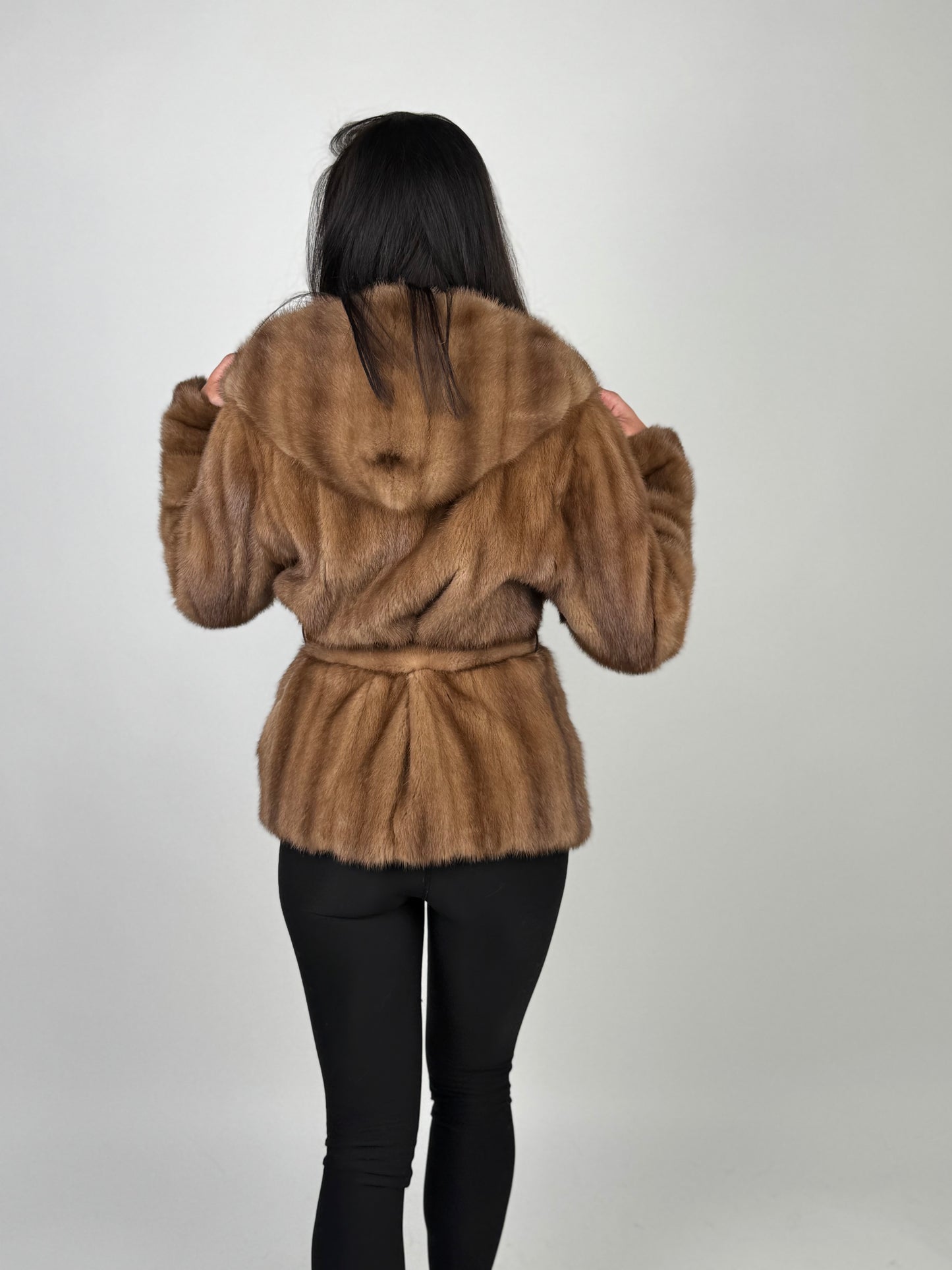 Mink jacket with belt and hood