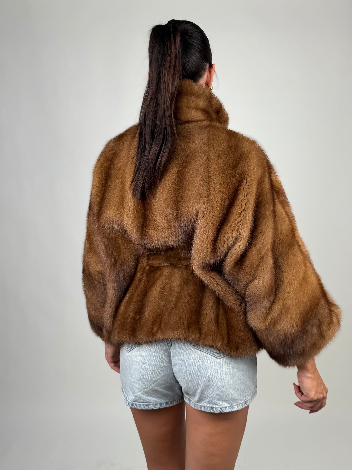 Mink jacket with belt and hood