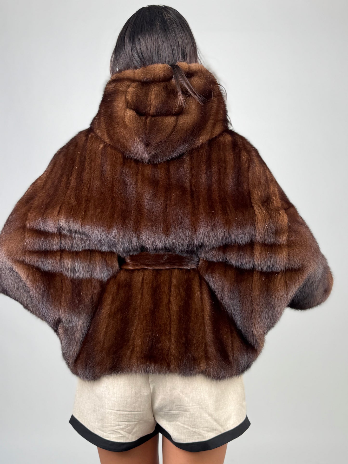 Mink jacket with belt and hood
