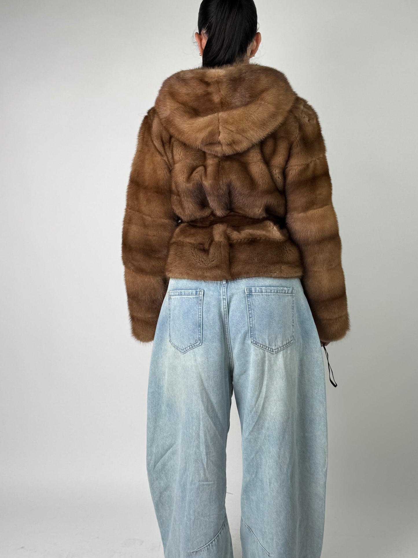 Mink jacket with belt and hood