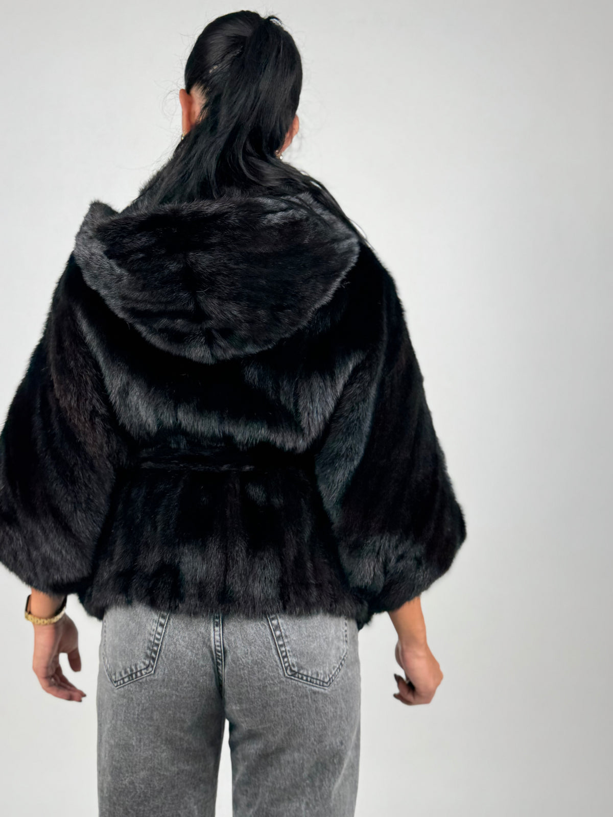 Mink jacket with belt and hood