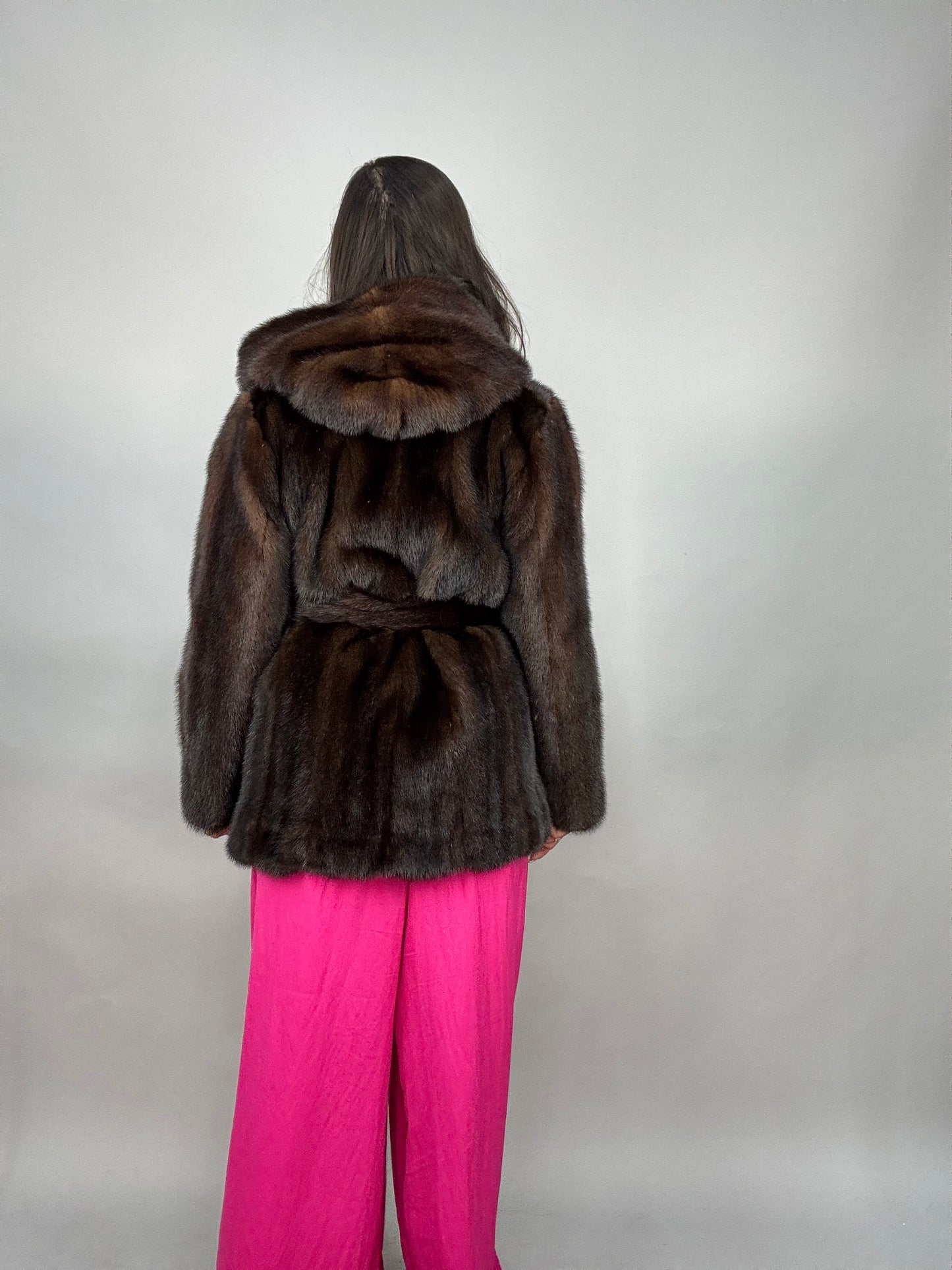 Mink jacket with belt and hood