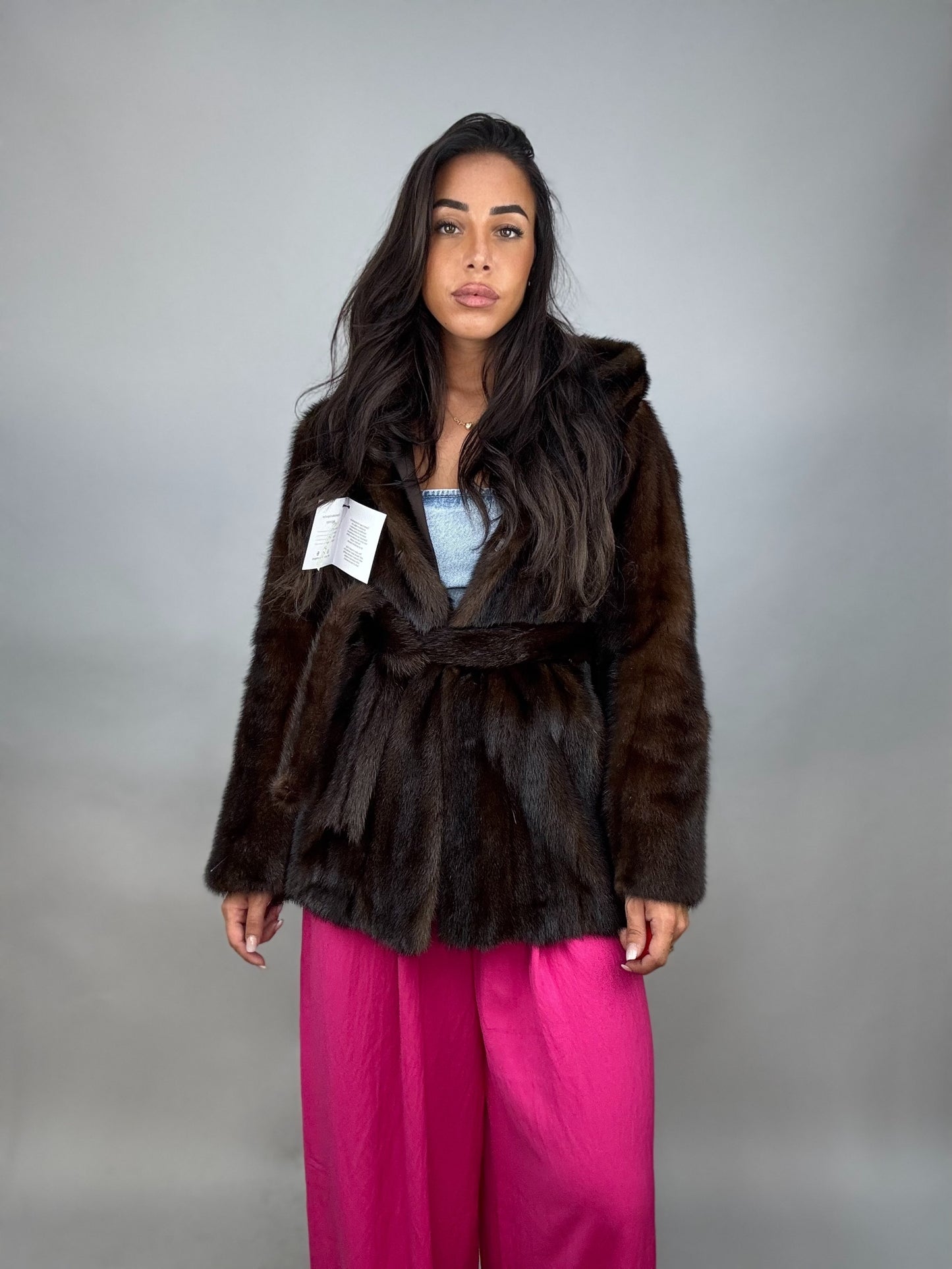 Mink jacket with belt and hood