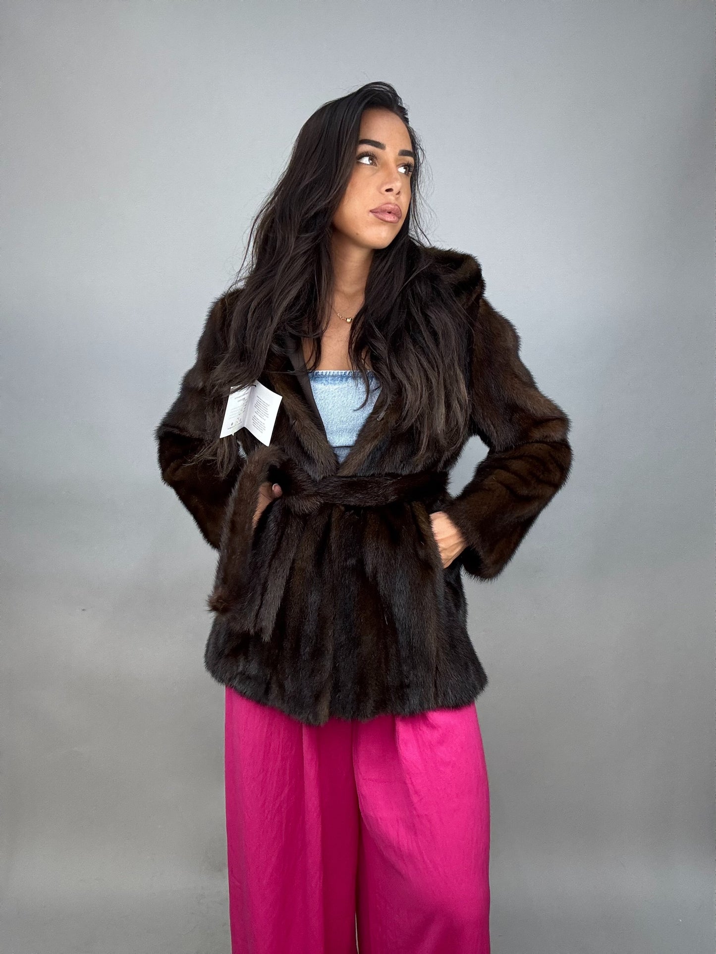 Mink jacket with belt and hood