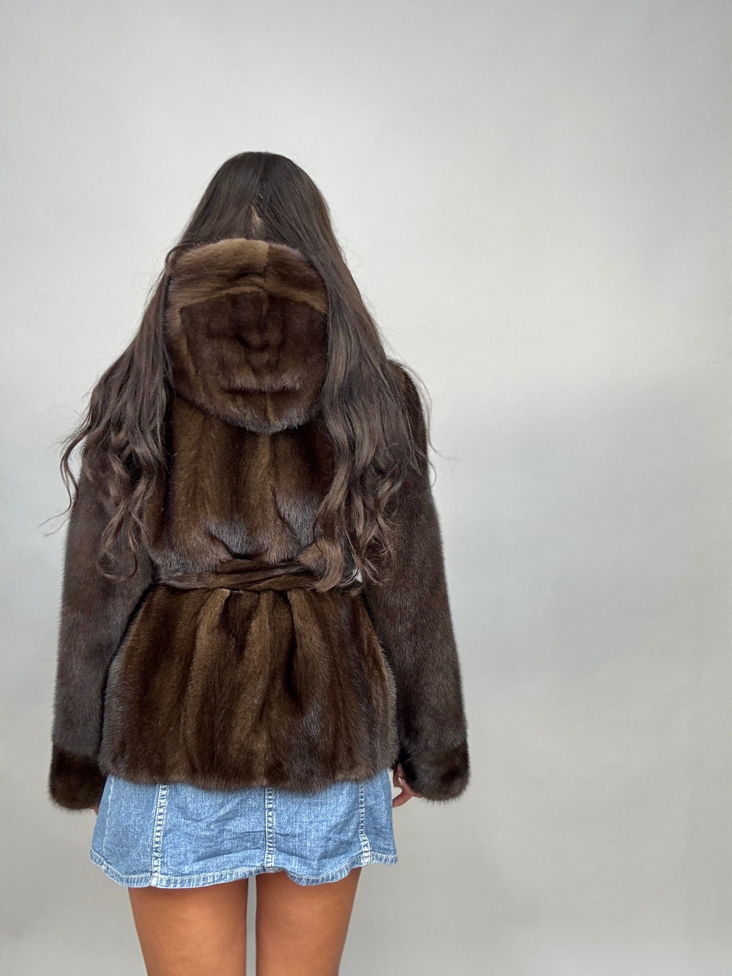 Mink jacket with belt and hood