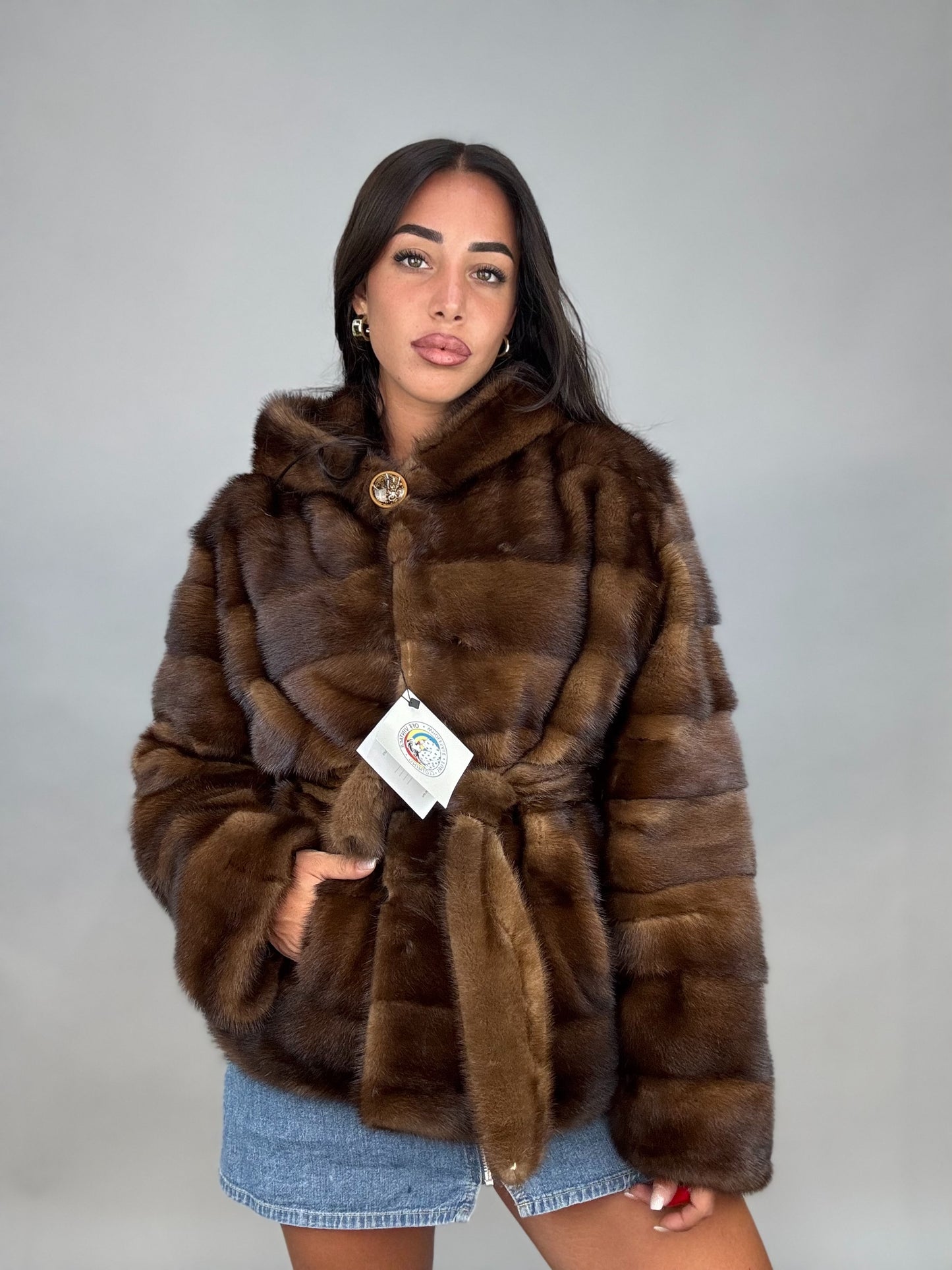 Mink jacket with belt and hood