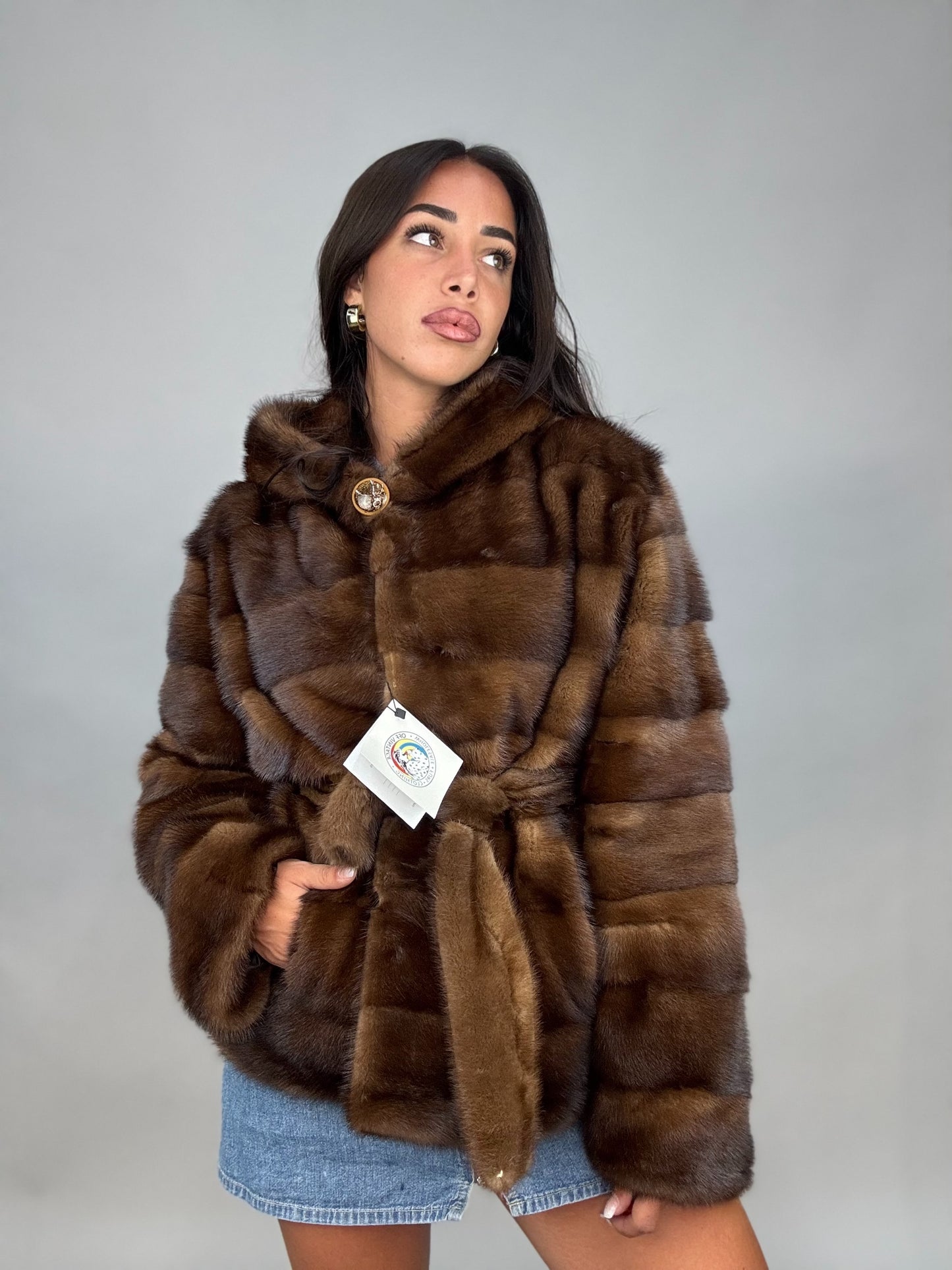 Mink jacket with belt and hood