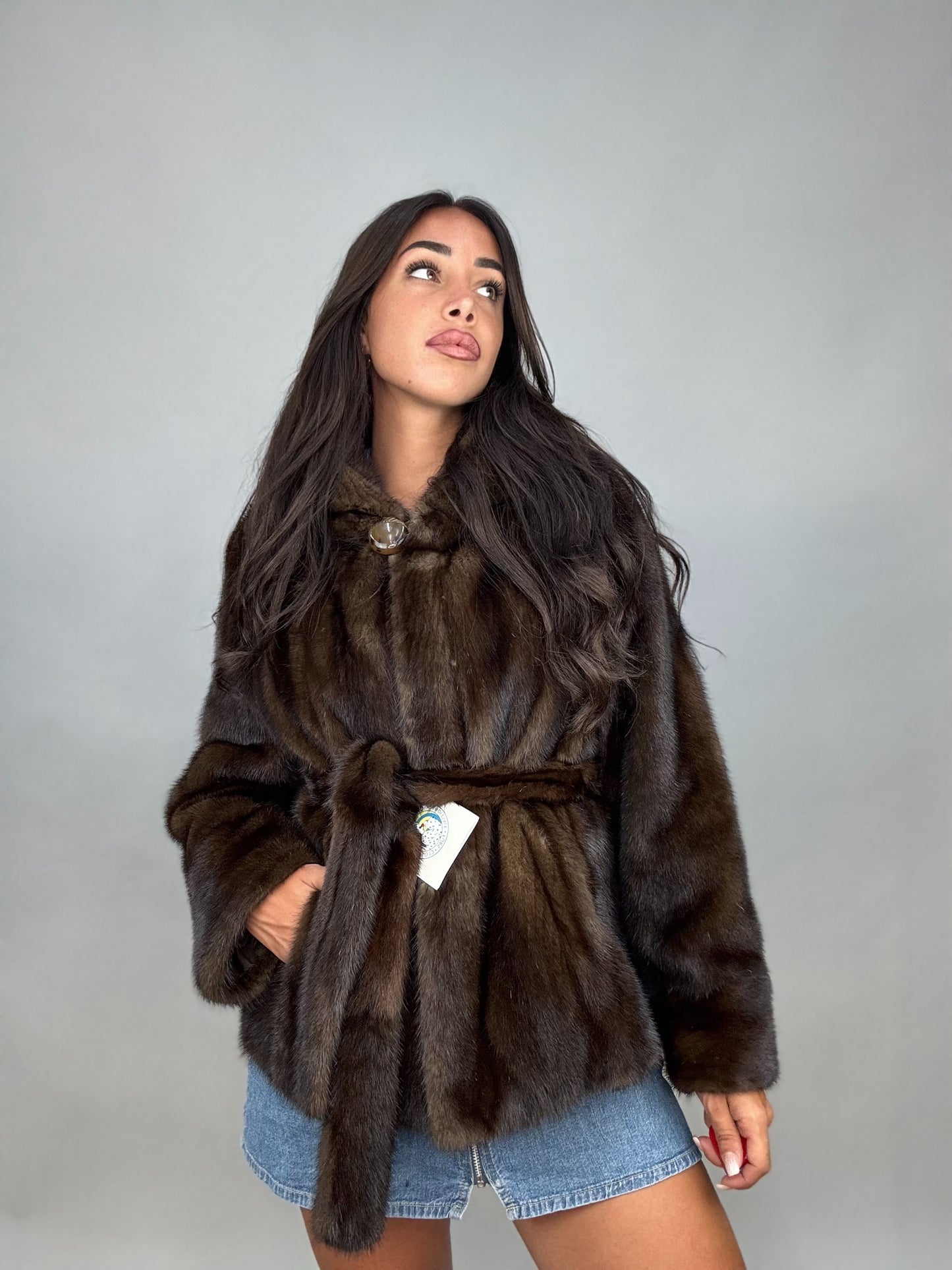 Mink jacket with belt and hood