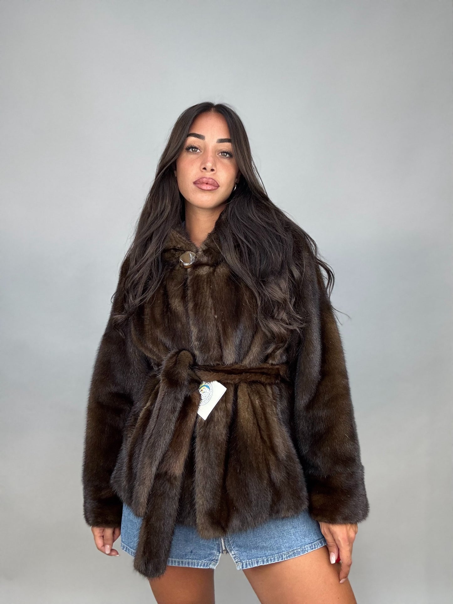 Mink jacket with belt and hood