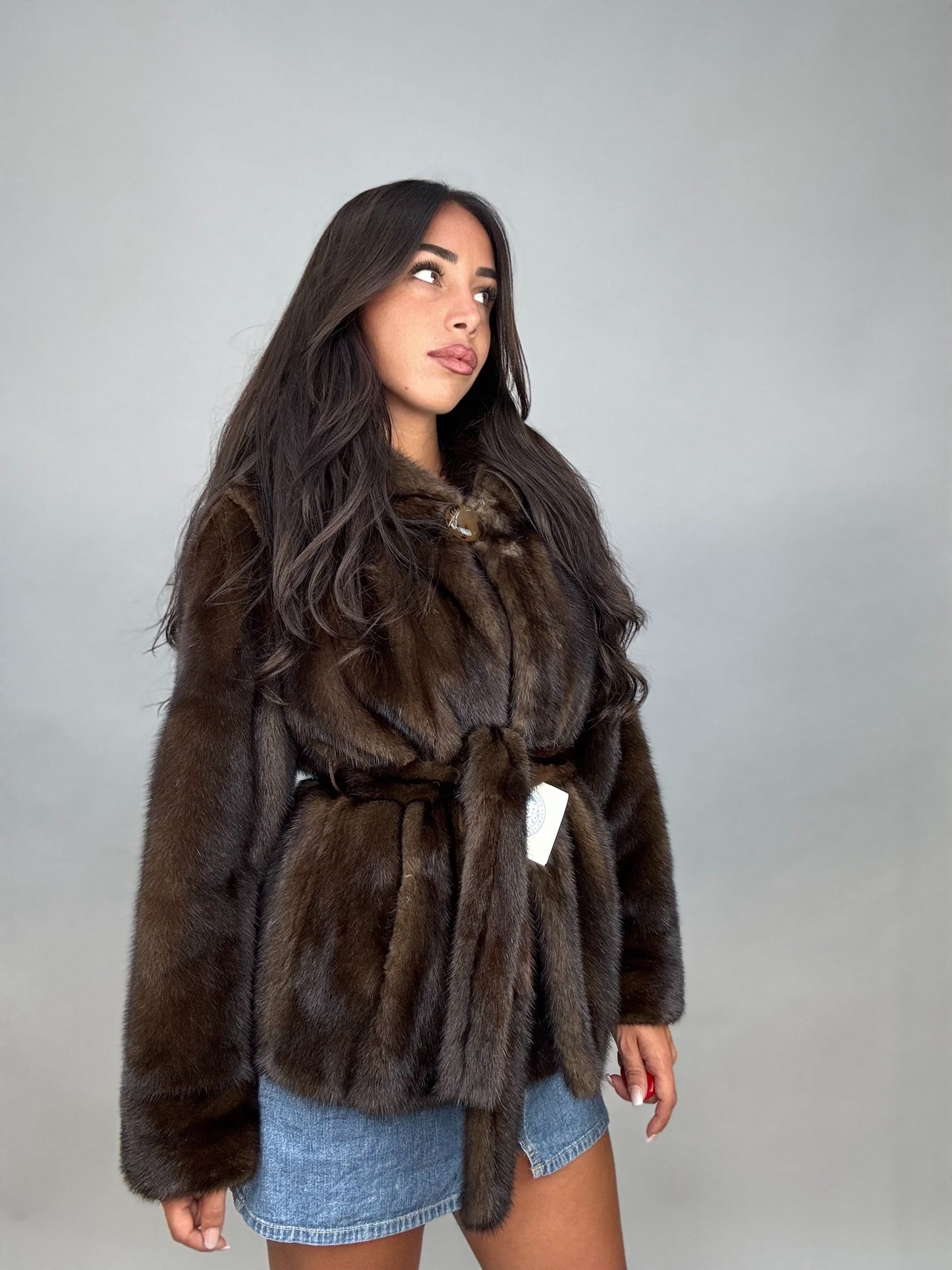 Mink jacket with belt and hood