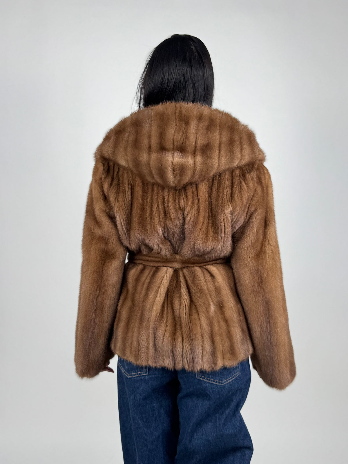 Mink jacket with belt and hood