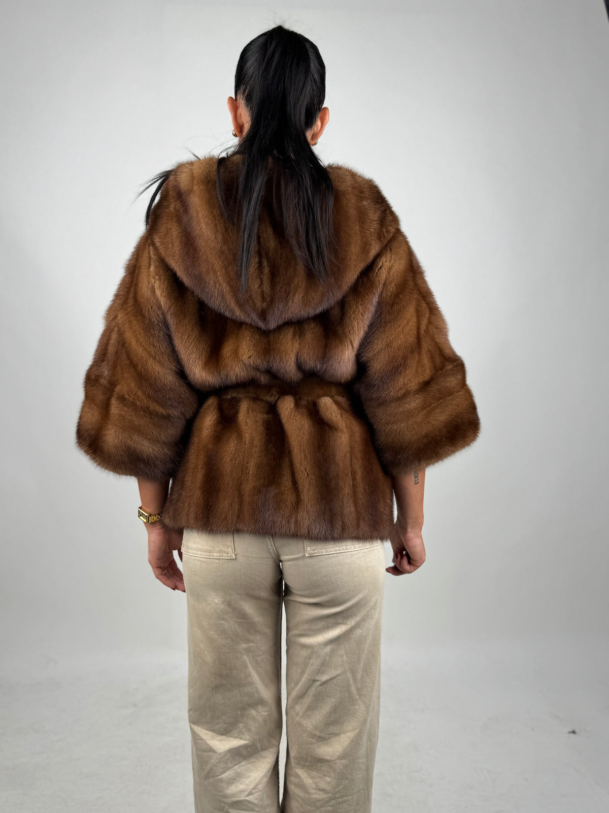 Mink jacket with belt and hood