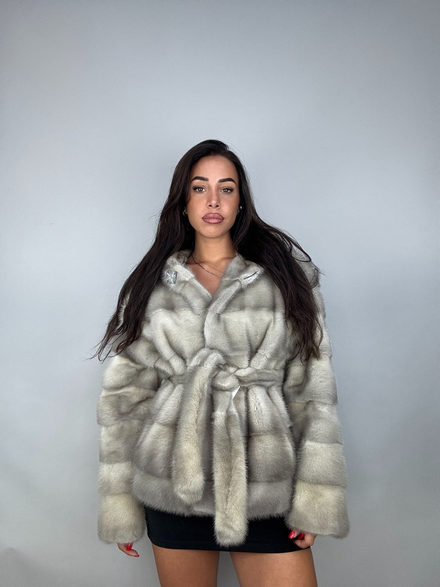 Mink jacket with belt and hood