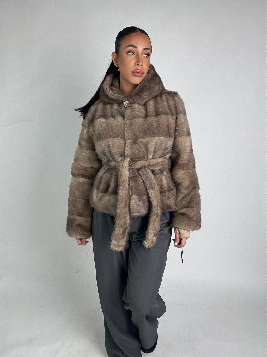 Mink jacket with belt and hood