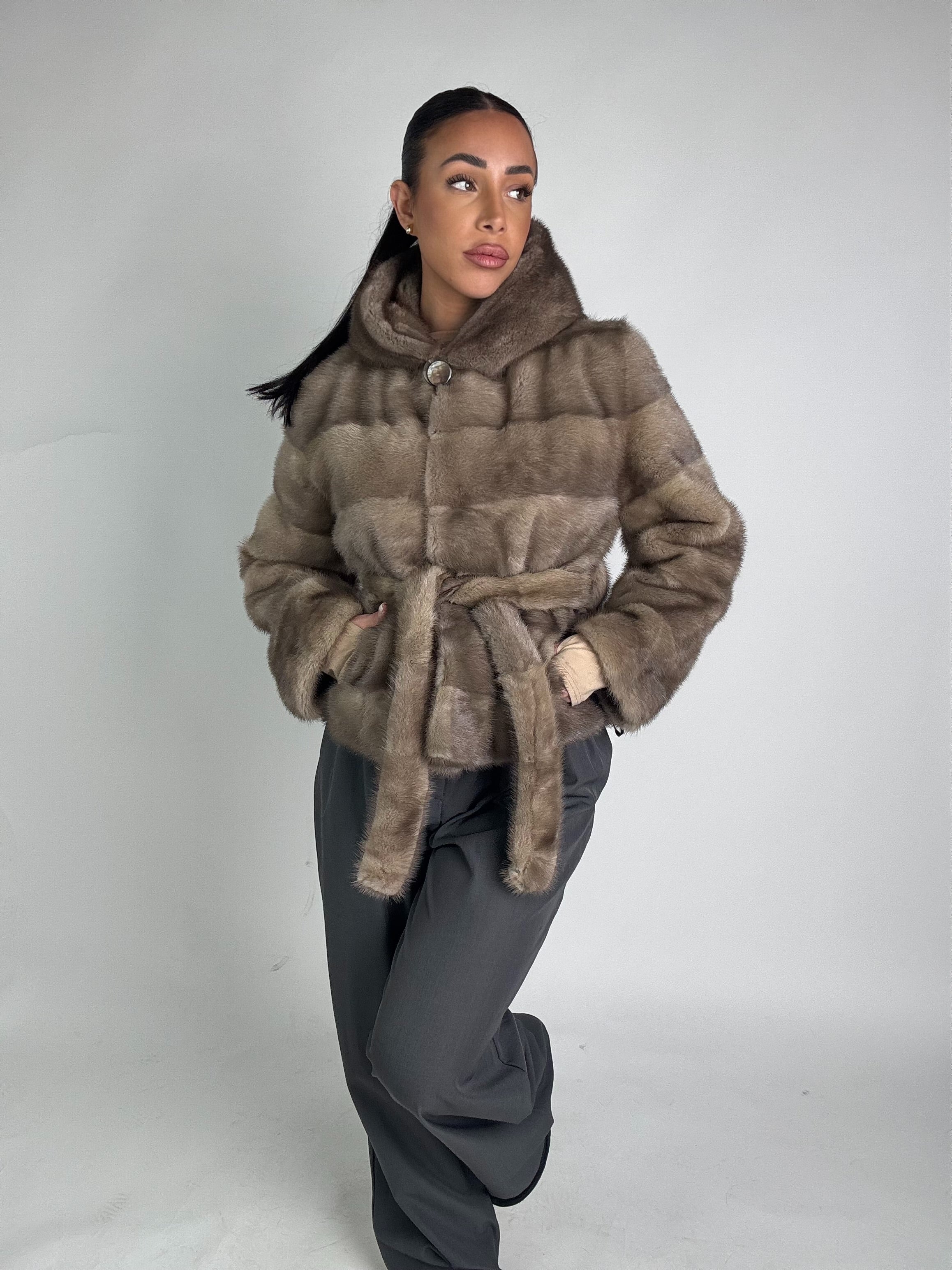 Mink jacket with belt and hood