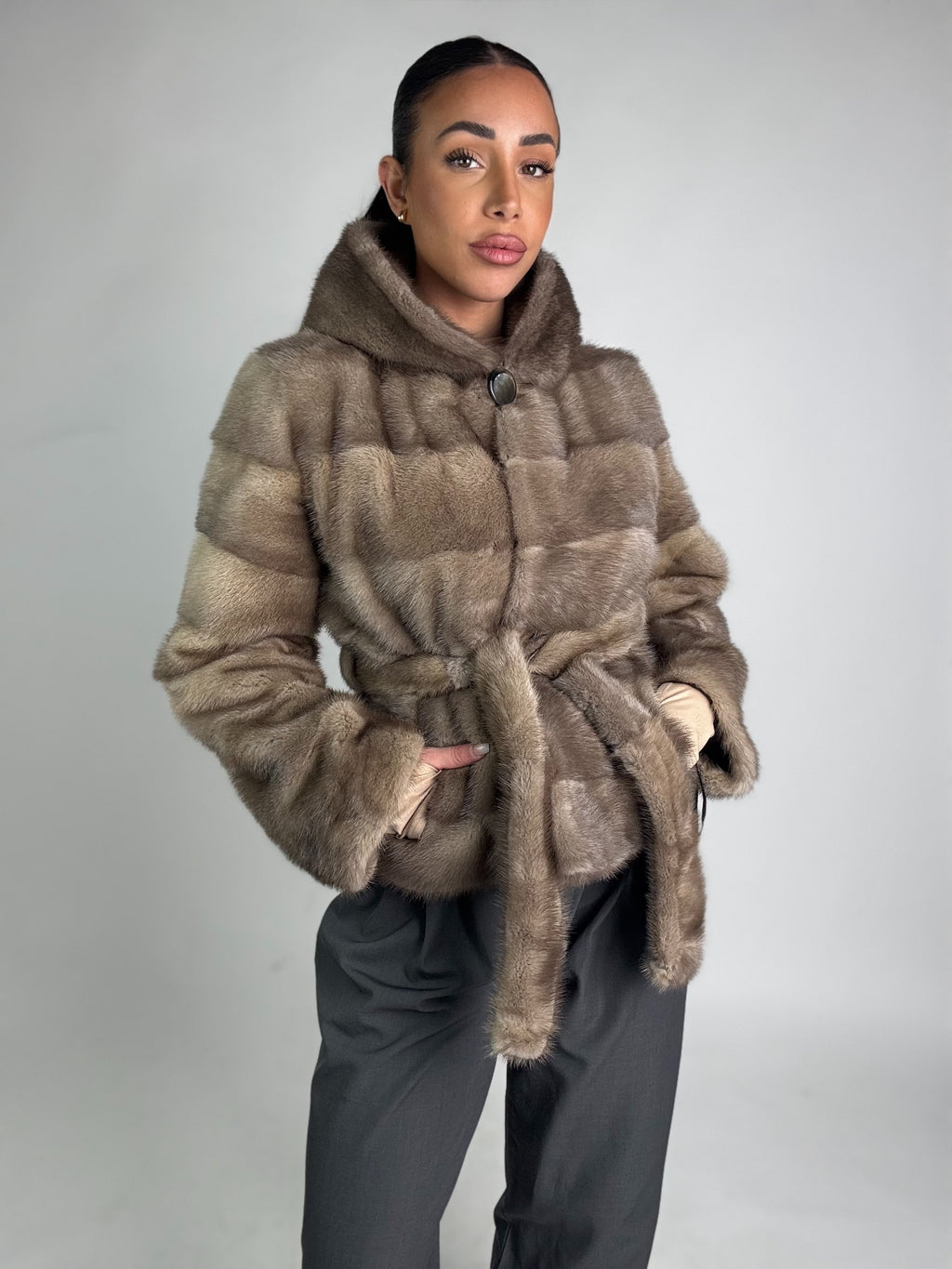 Mink jacket with belt and hood