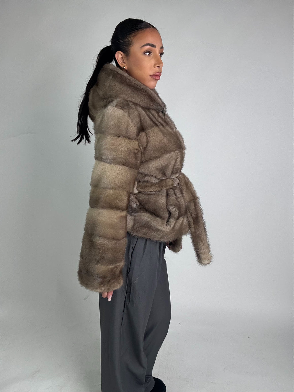 Mink jacket with belt and hood