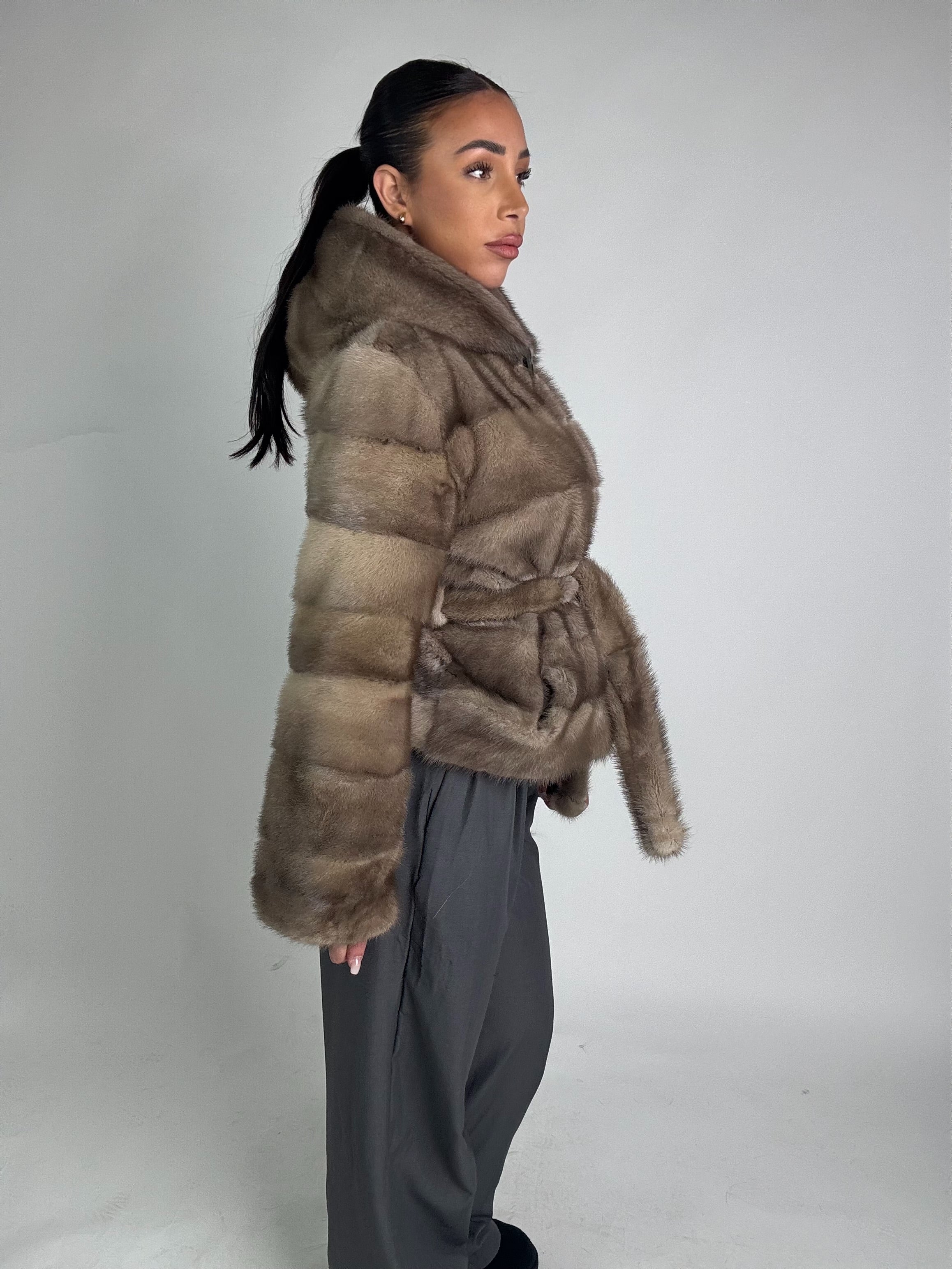 Mink jacket with belt and hood