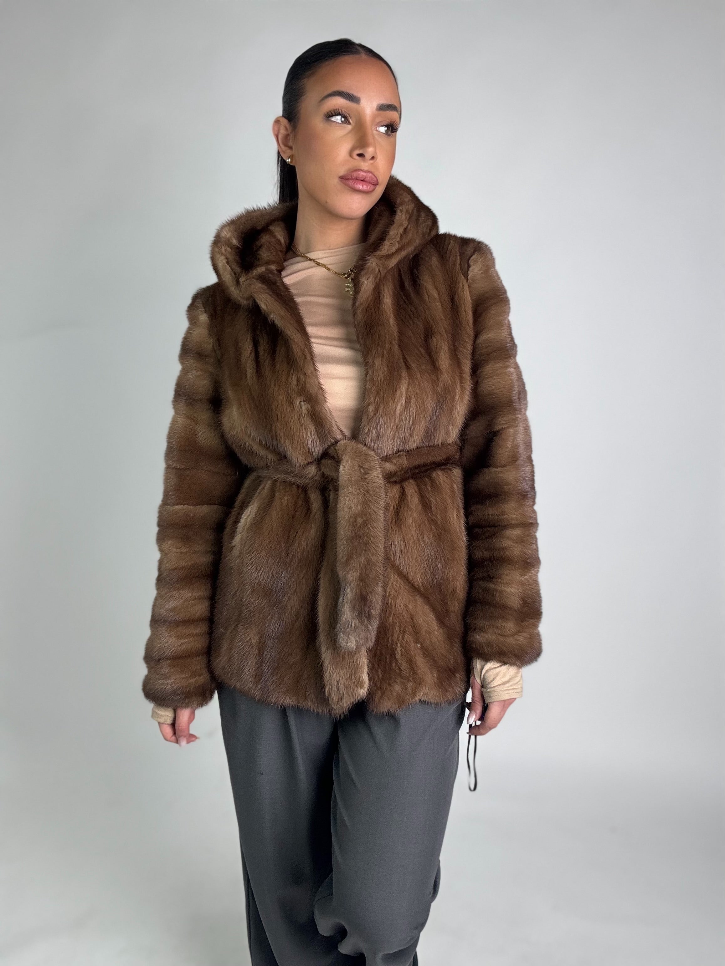 Mink jacket with belt and hood