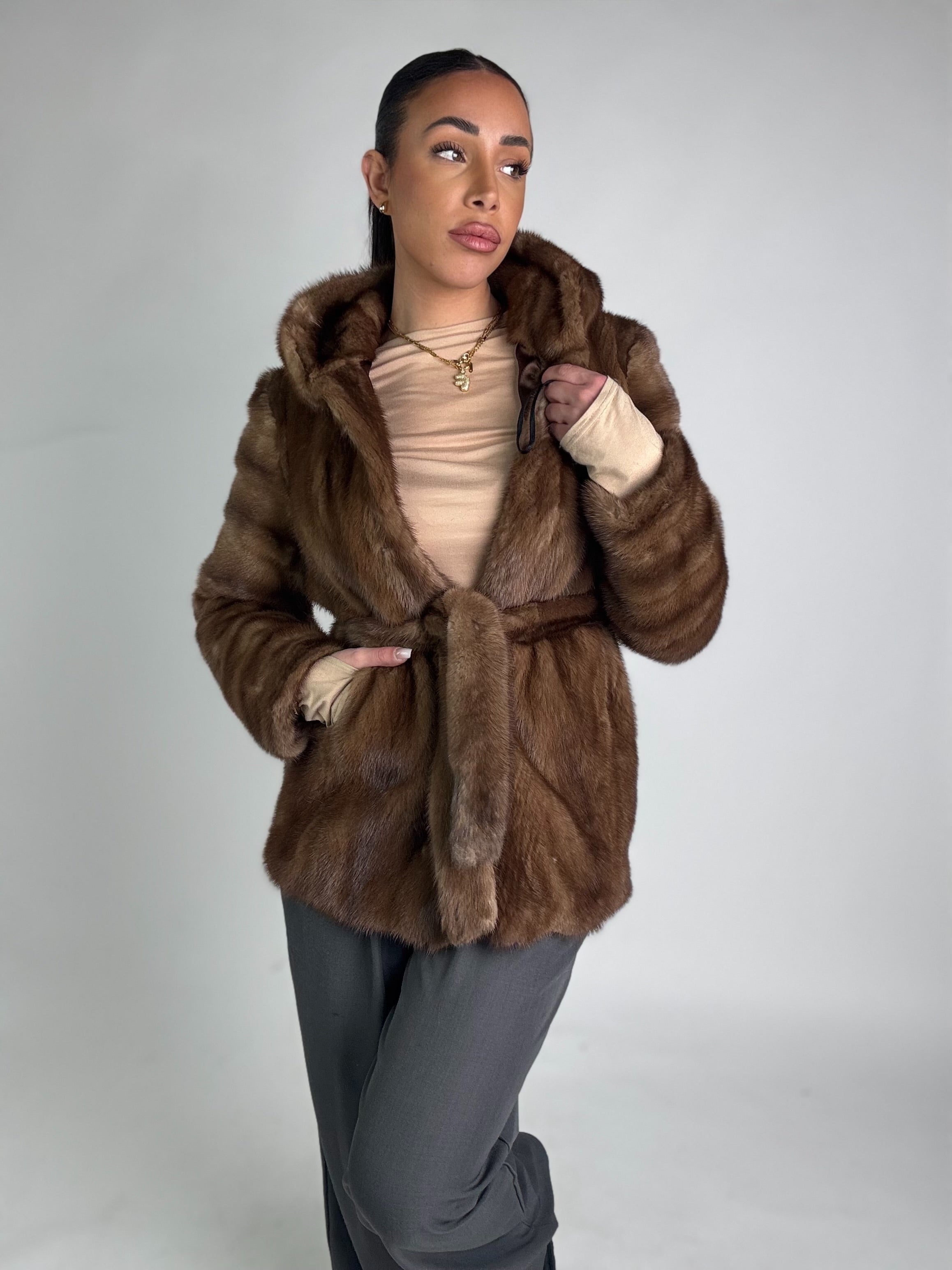 Mink jacket with belt and hood
