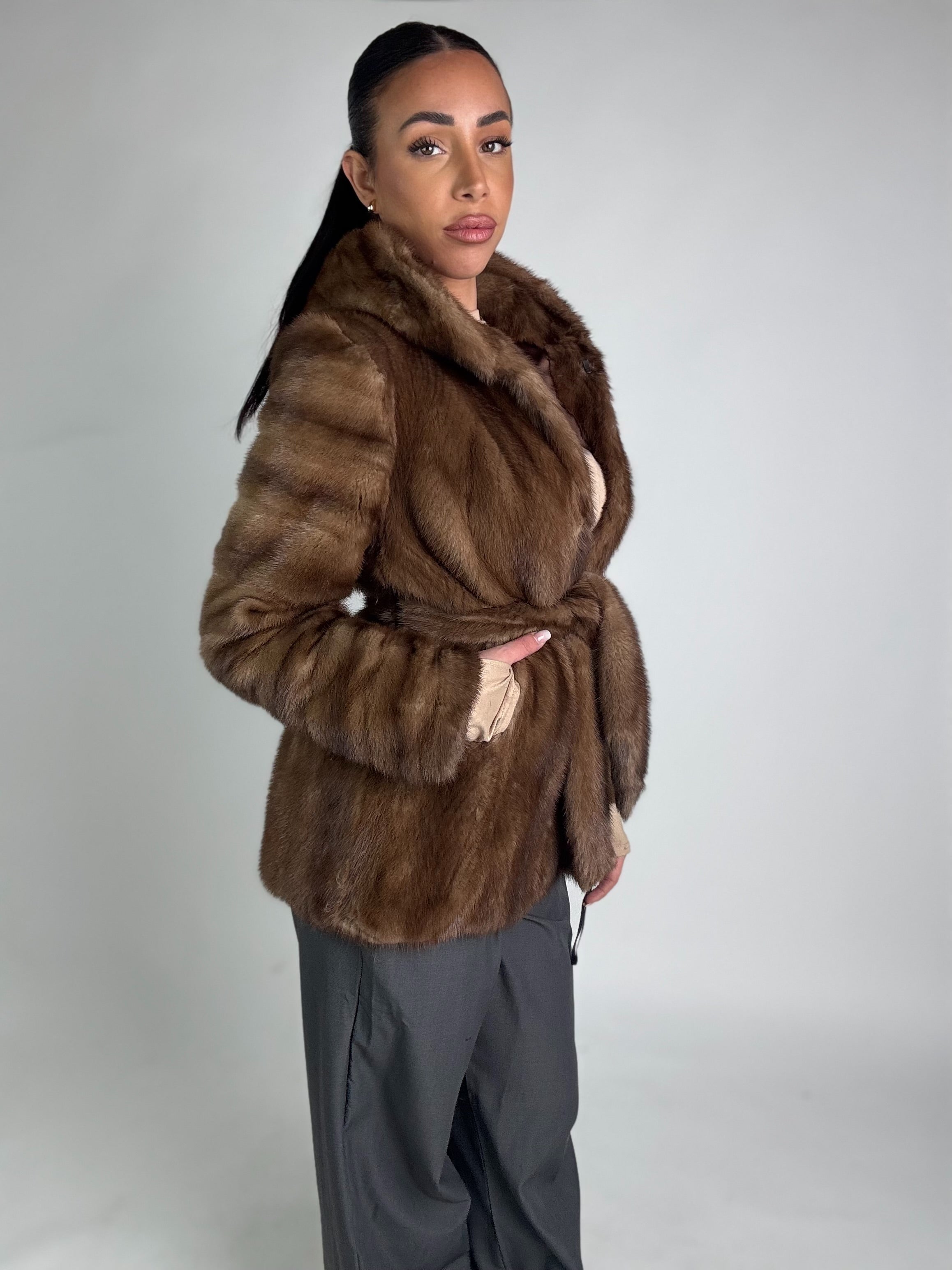 Mink jacket with belt and hood