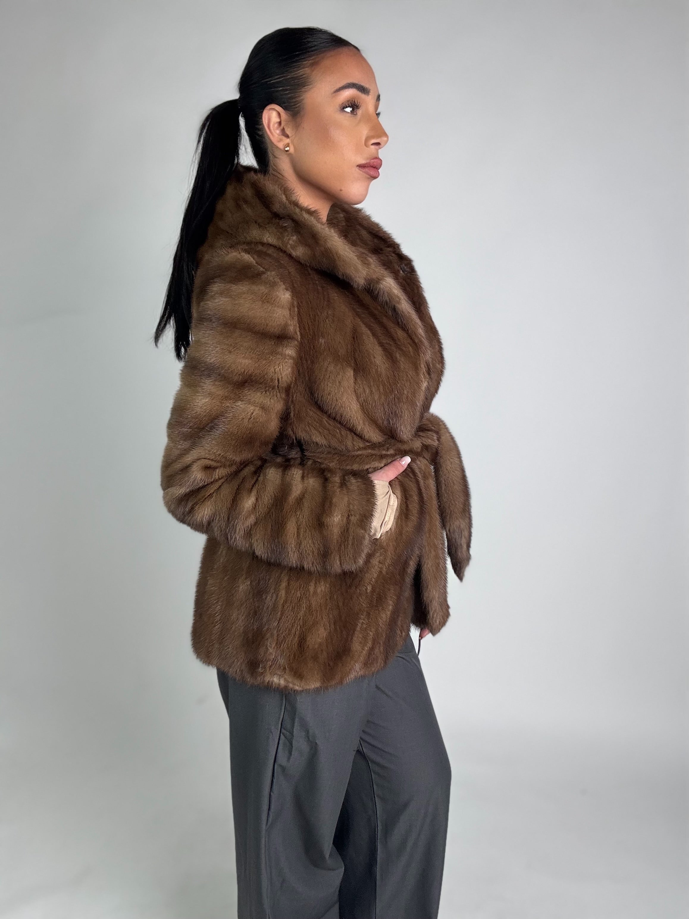 Mink jacket with belt and hood