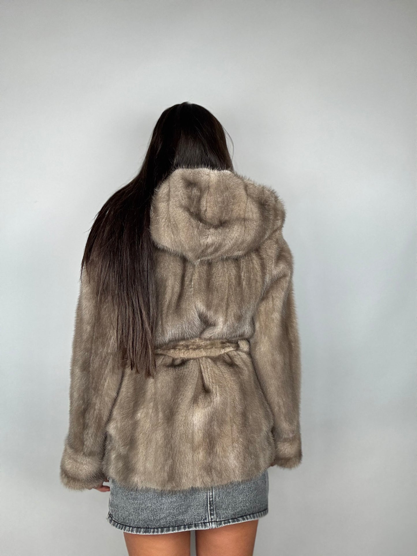 Mink jacket with belt and hood