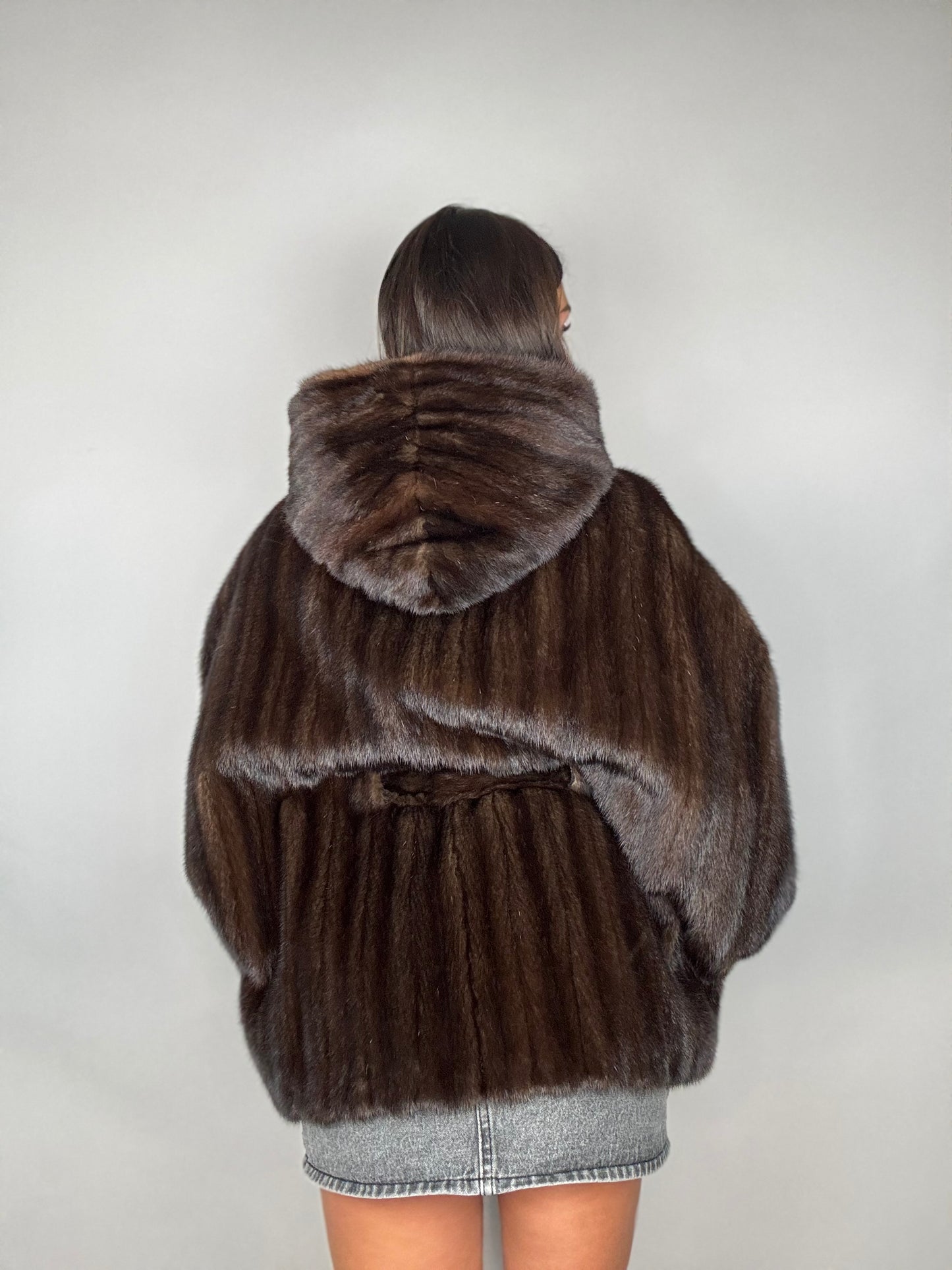 Mink jacket with belt and hood