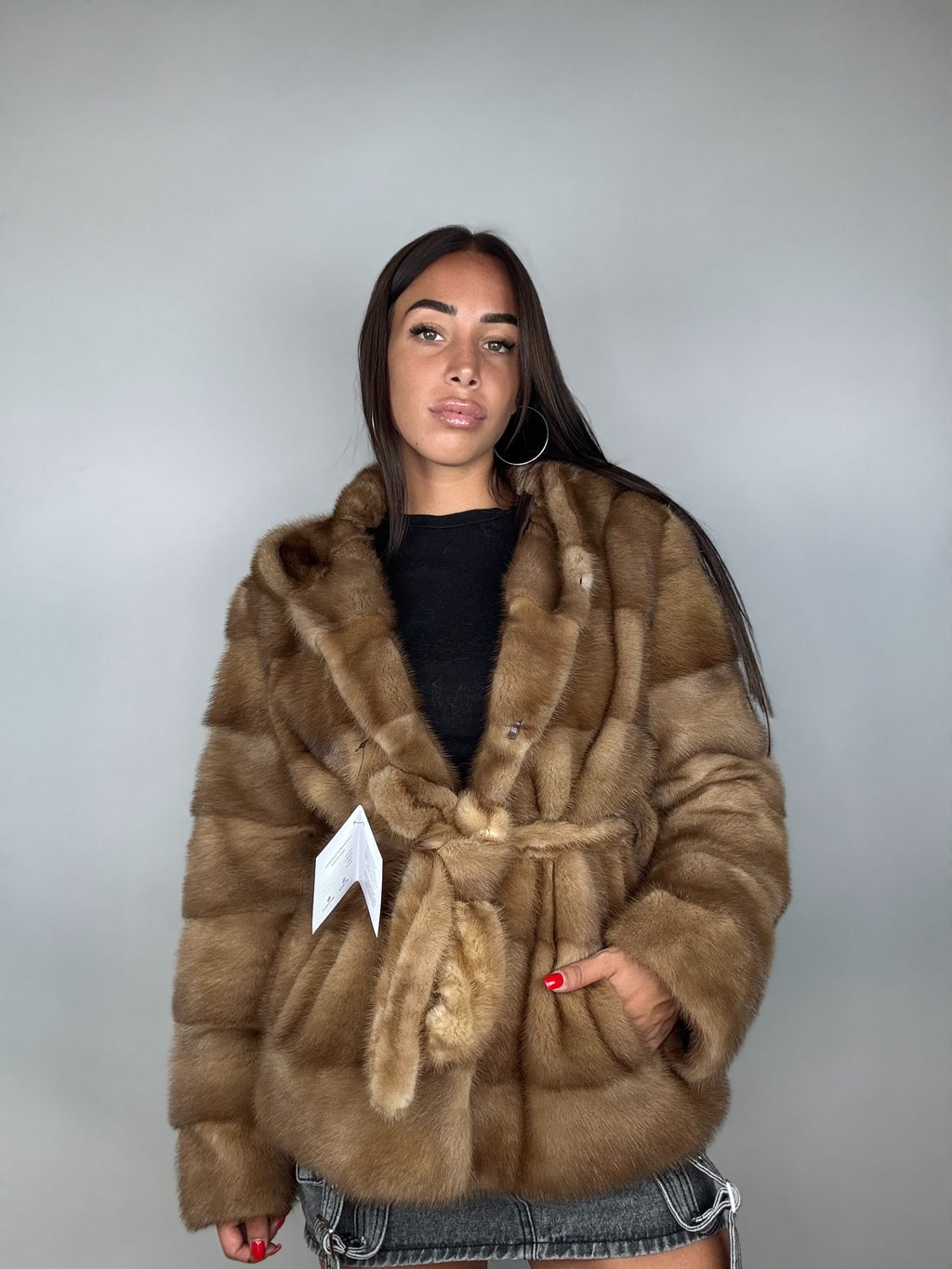 Giacca in visone cintura e cappuccio