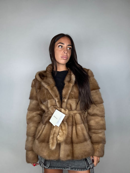 Mink jacket with belt and hood