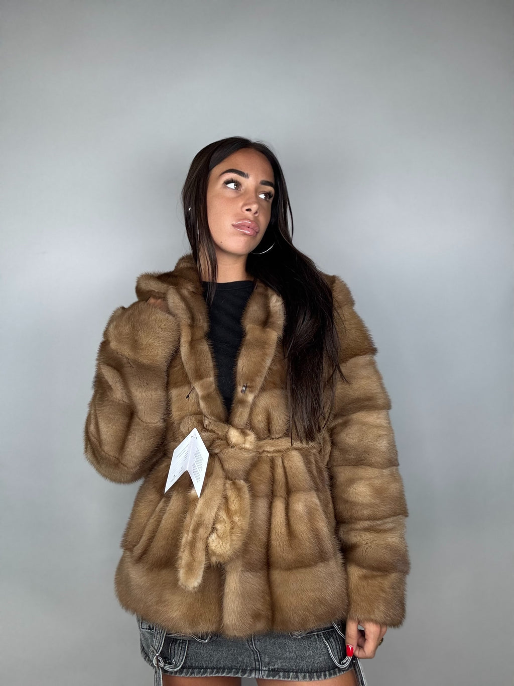 Giacca in visone cintura e cappuccio