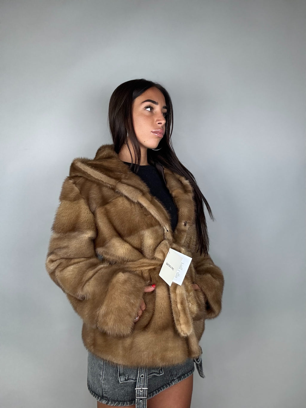 Giacca in visone cintura e cappuccio