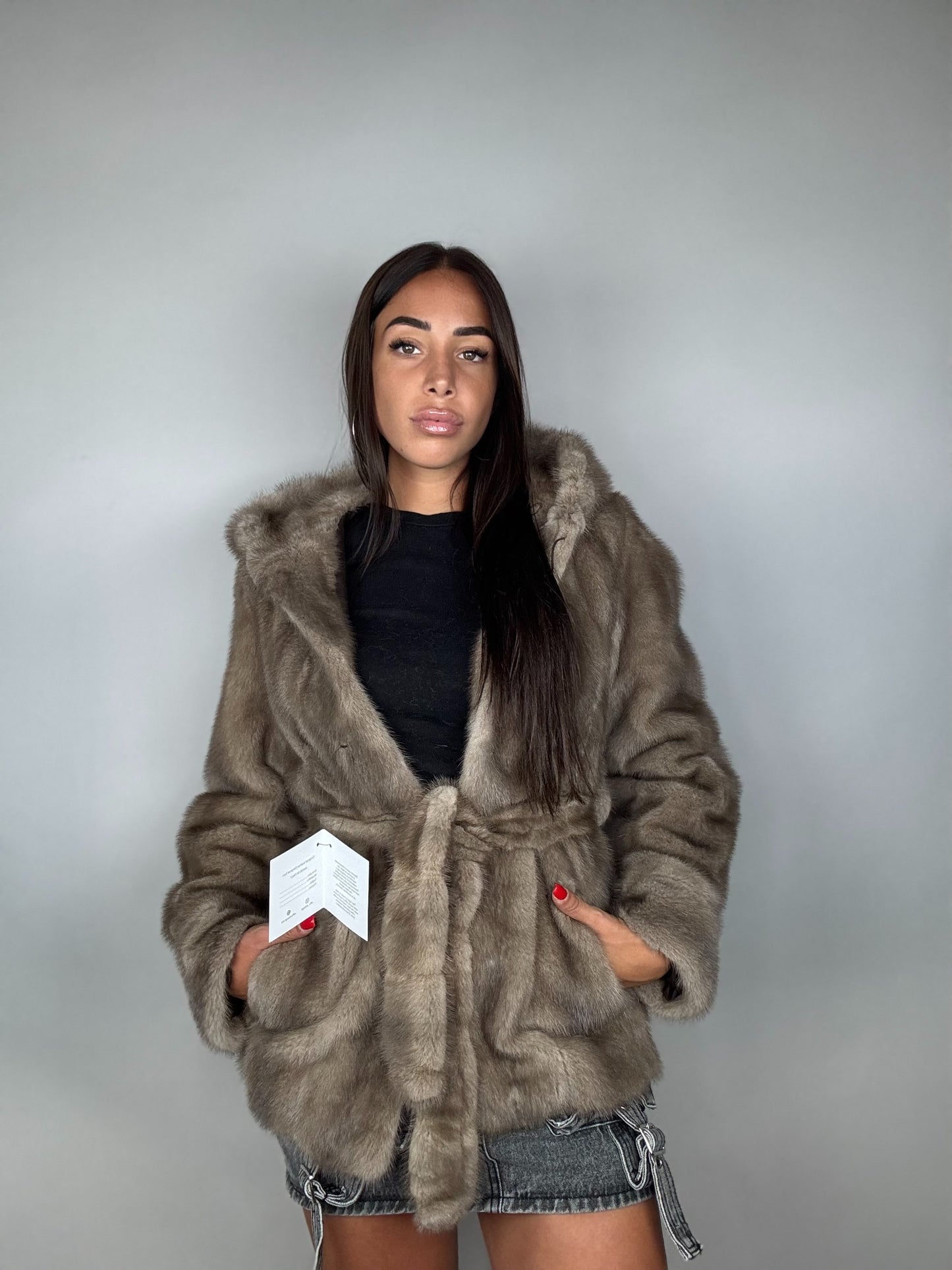 Mink jacket with belt and hood